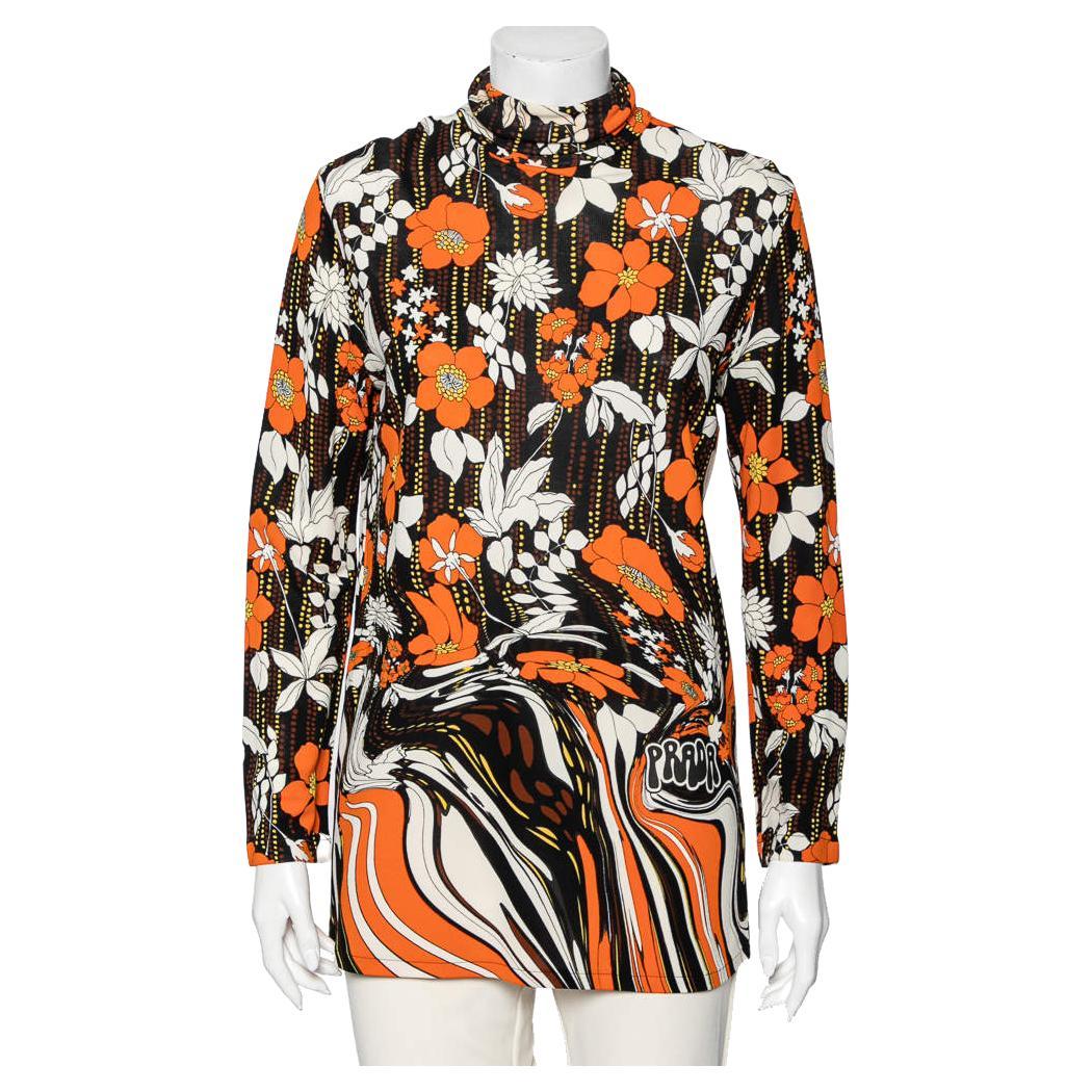 Prada Orange Floral Printed Jersey Long Sleeve Turtleneck Top M For Sale