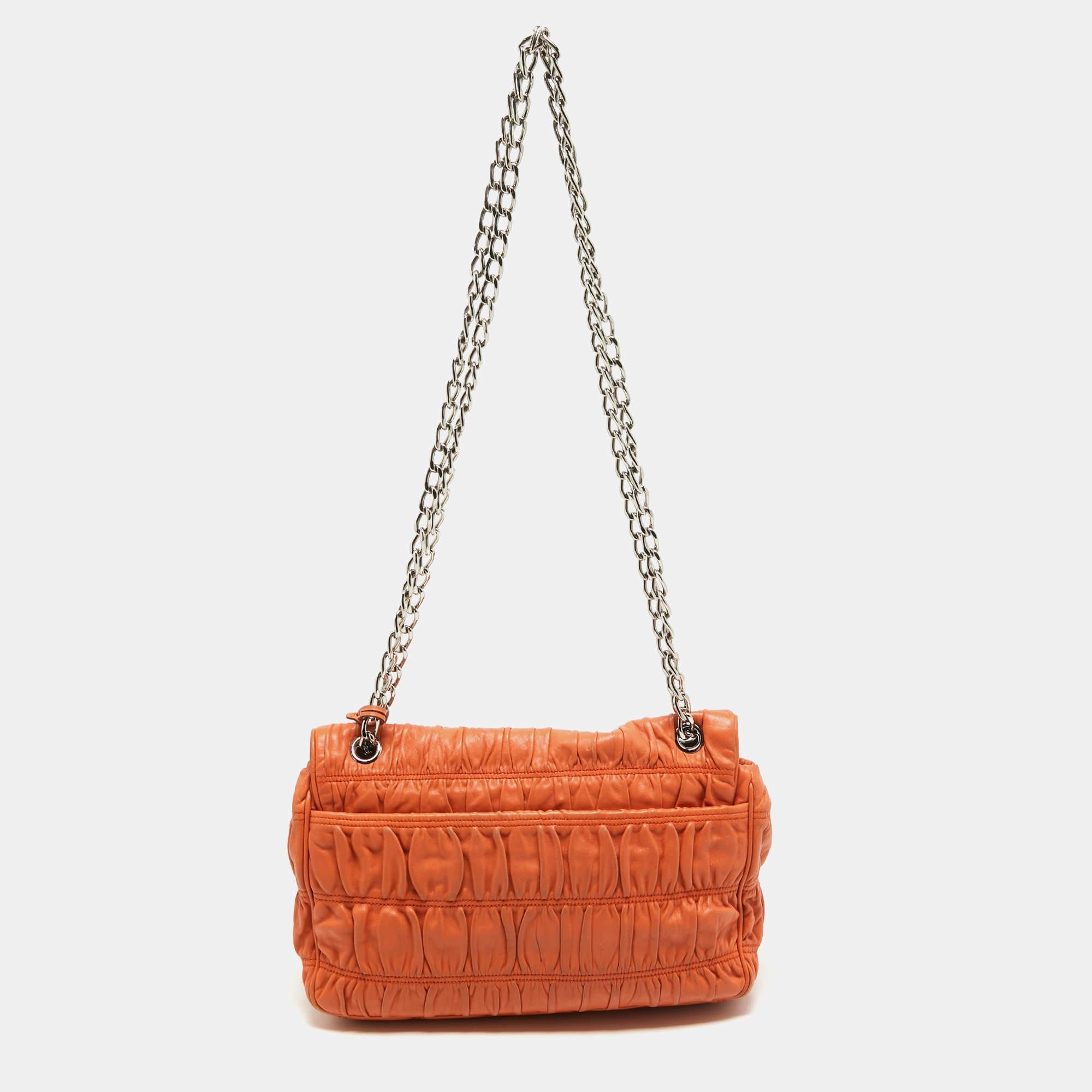 Prada Orange Gaufre Leather Medium Flap Shoulder Bag 8