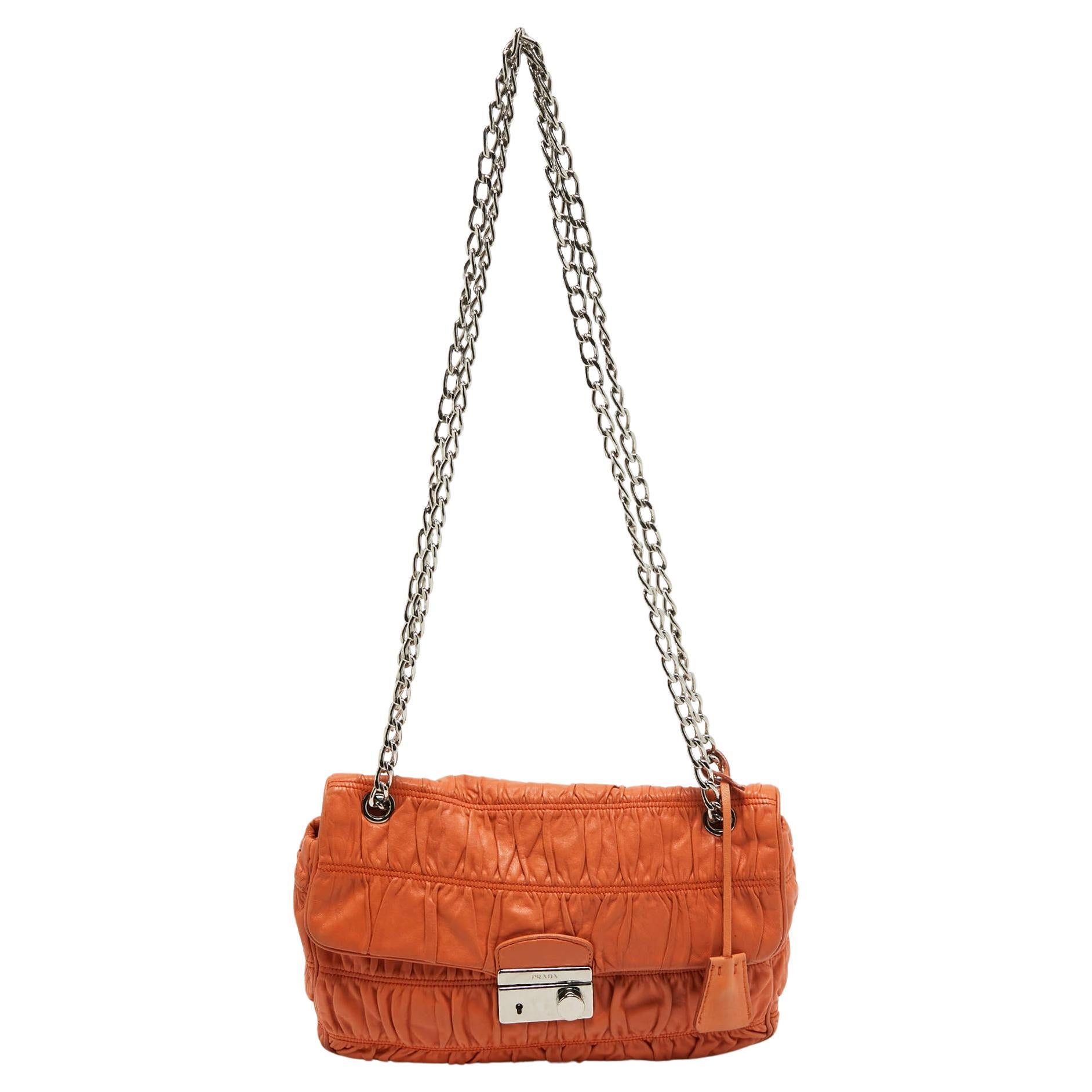 Prada Orange Gaufre Leather Medium Flap Shoulder Bag