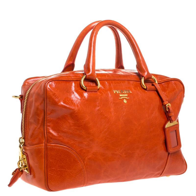 Red Prada Orange Glazed Leather Bauletto Satchel