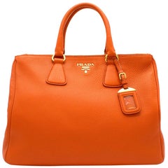 Prada Orange Grained Leather Tote Bag
