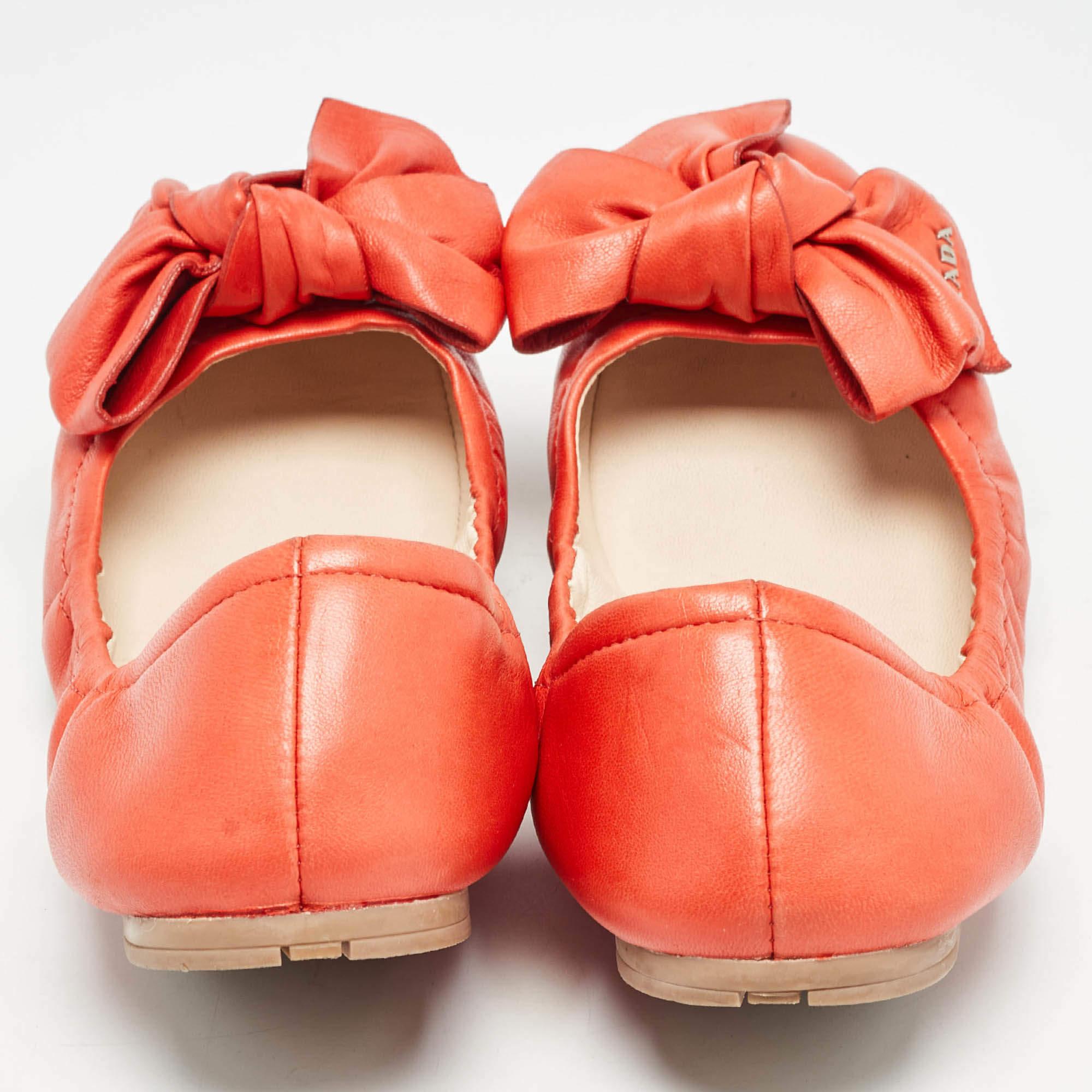 Prada Orange Leather Bow Logo Scrunch Ballet Flats Size 37 1