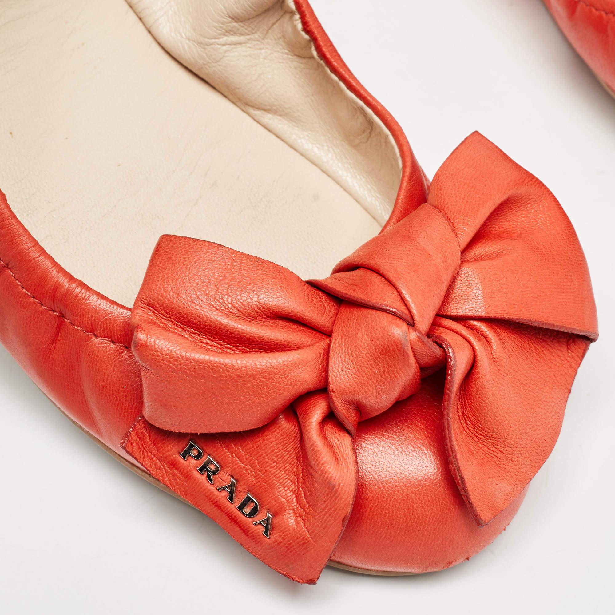 Prada Orange Leather Bow Logo Scrunch Ballet Flats Size 37 3