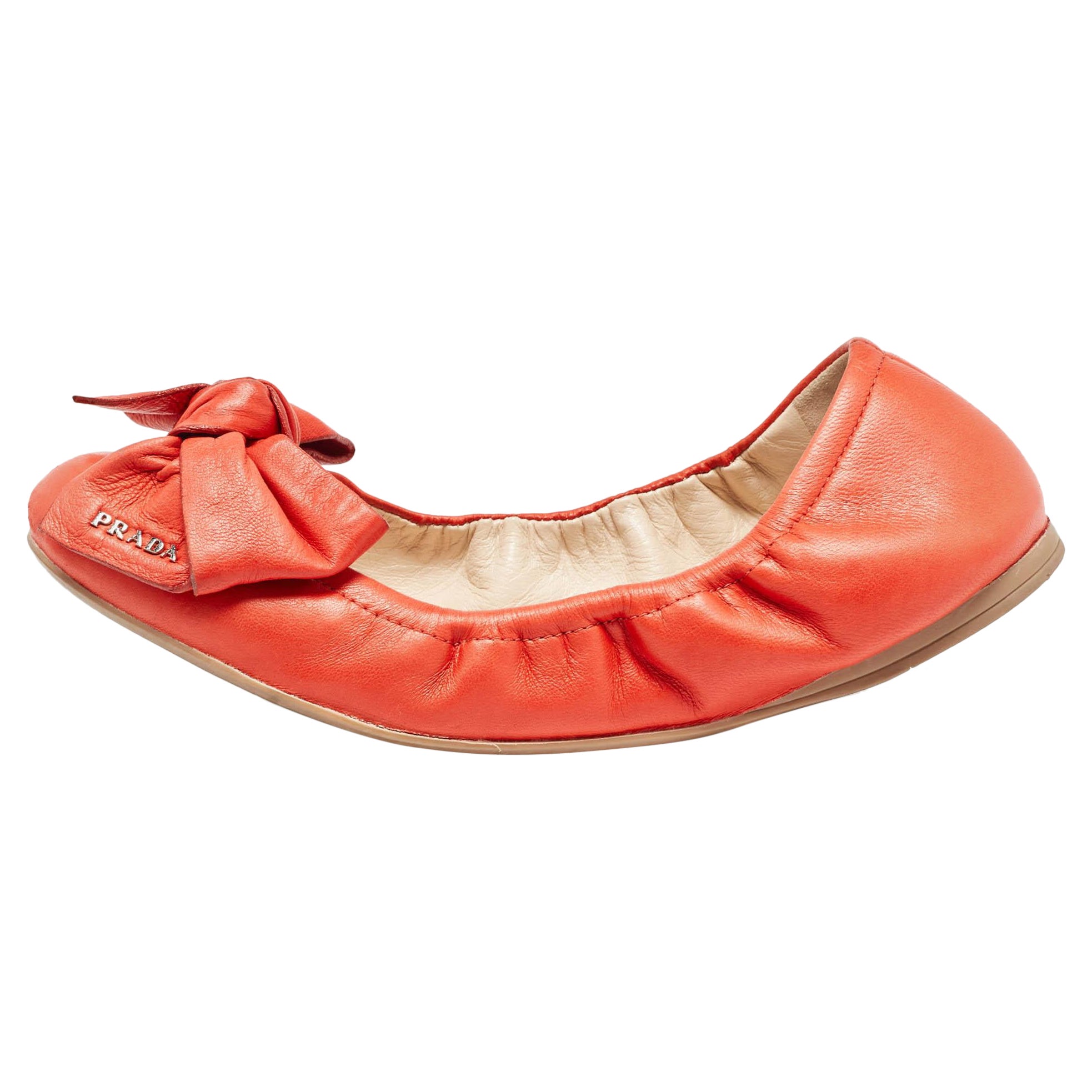Prada Orange Leather Bow Logo Scrunch Ballet Flats Size 37