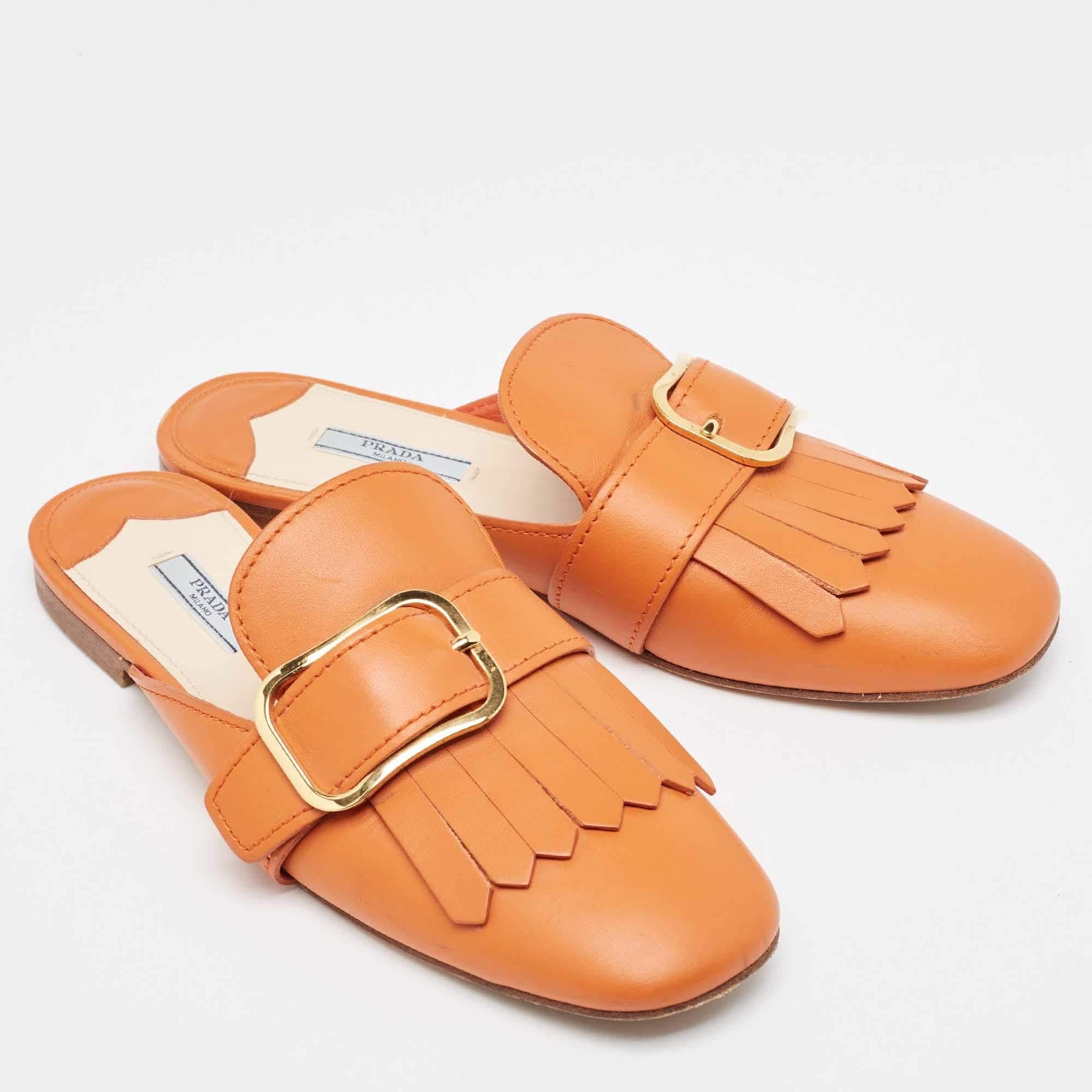 Women's Prada Orange Leather Fringe Buckle Flat Mules Size 39.5
