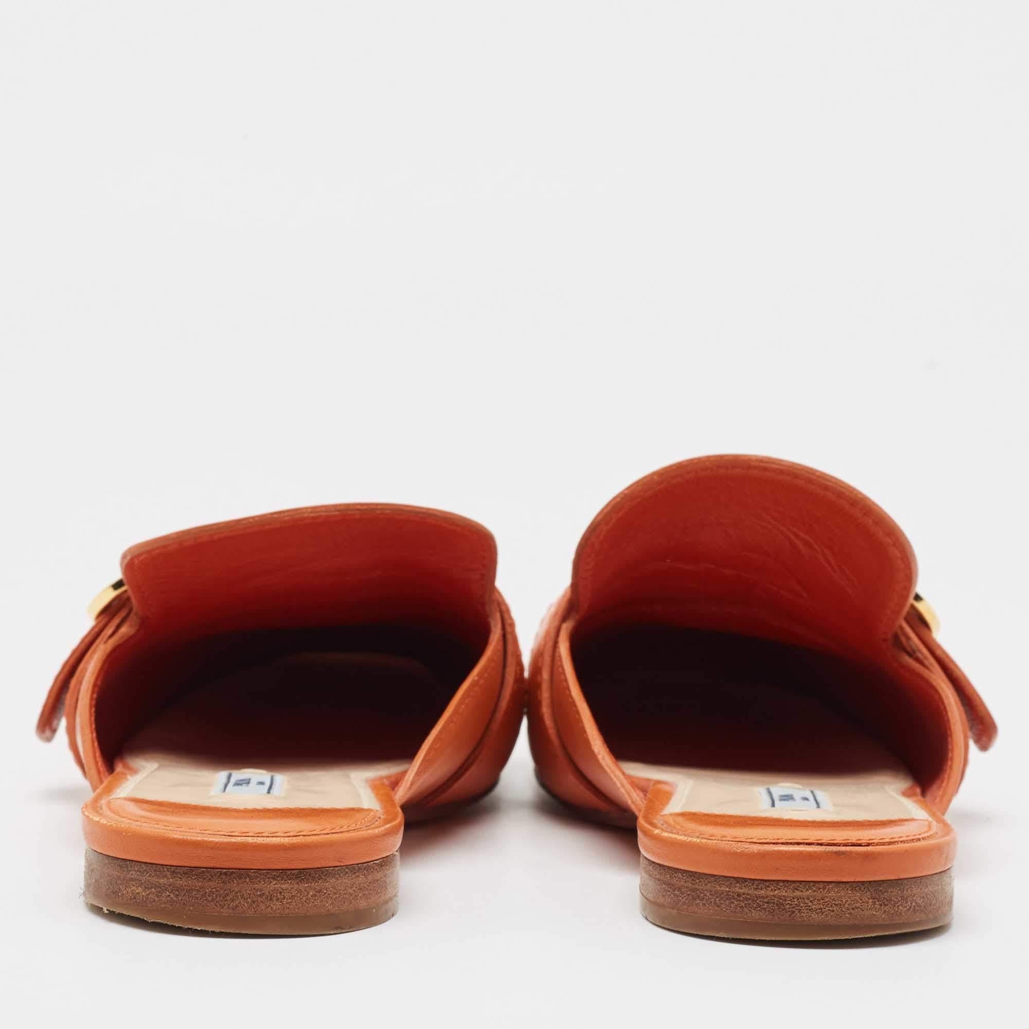 Prada Orange Leather Fringe Buckle Flat Mules Size 39.5 1