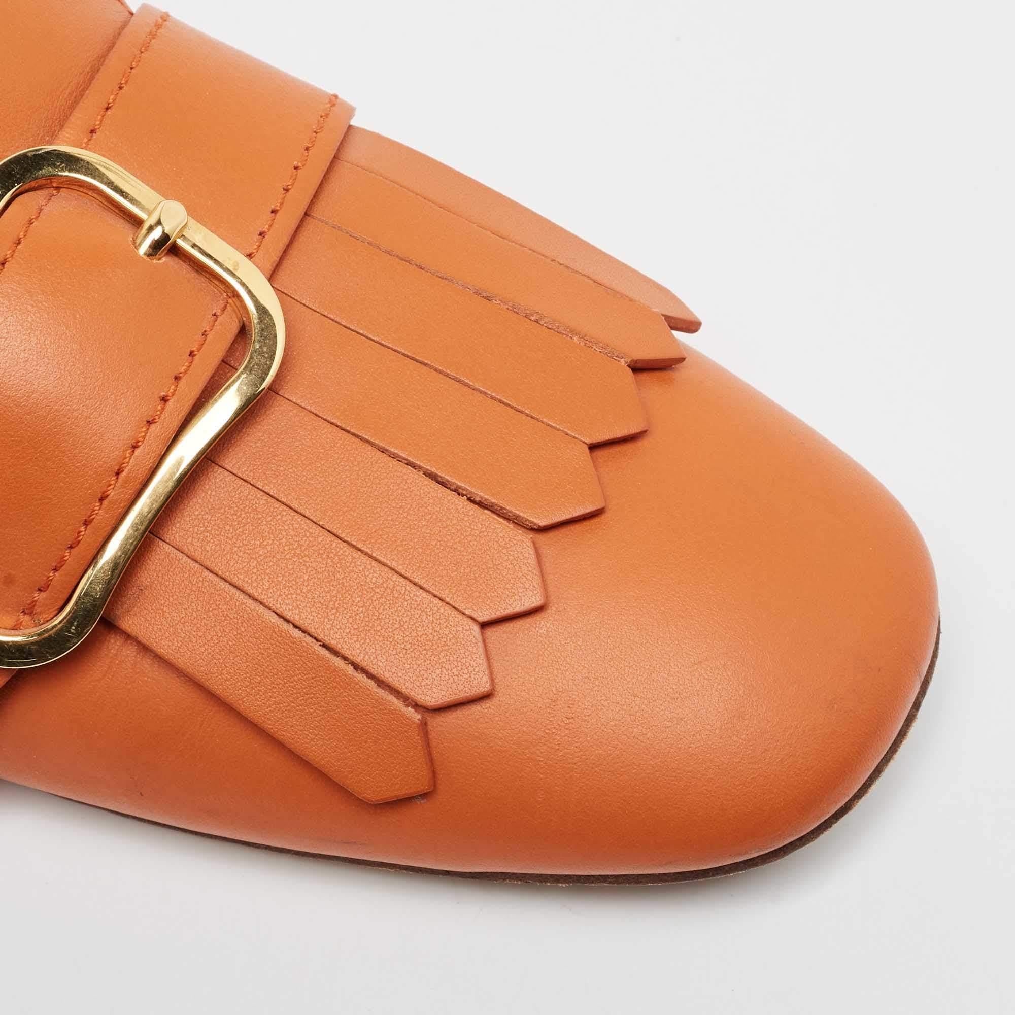 Prada Orange Leather Fringe Buckle Flat Mules Size 39.5 4