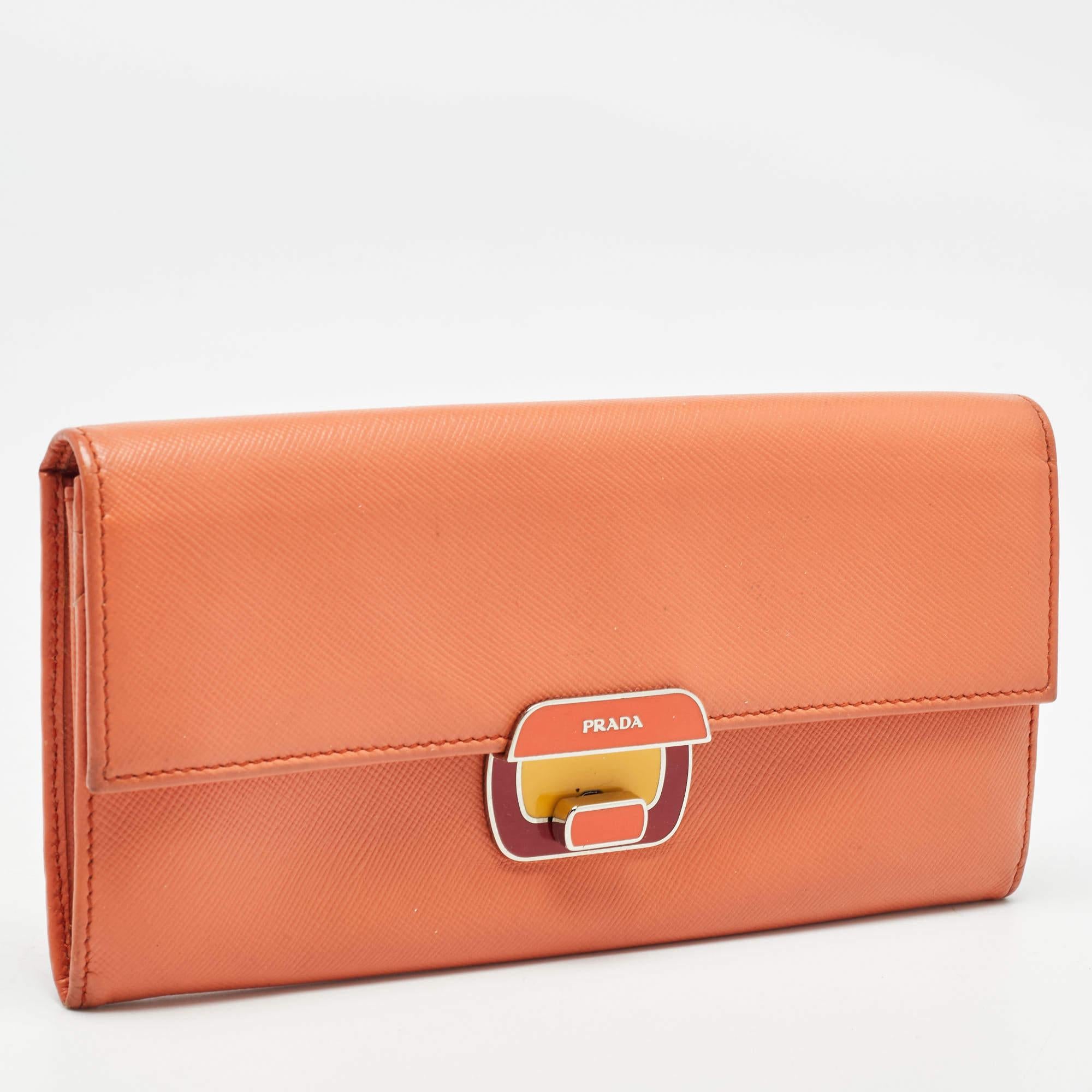 Prada Orange Leather Pushlock Flap Continental Wallet For Sale 2