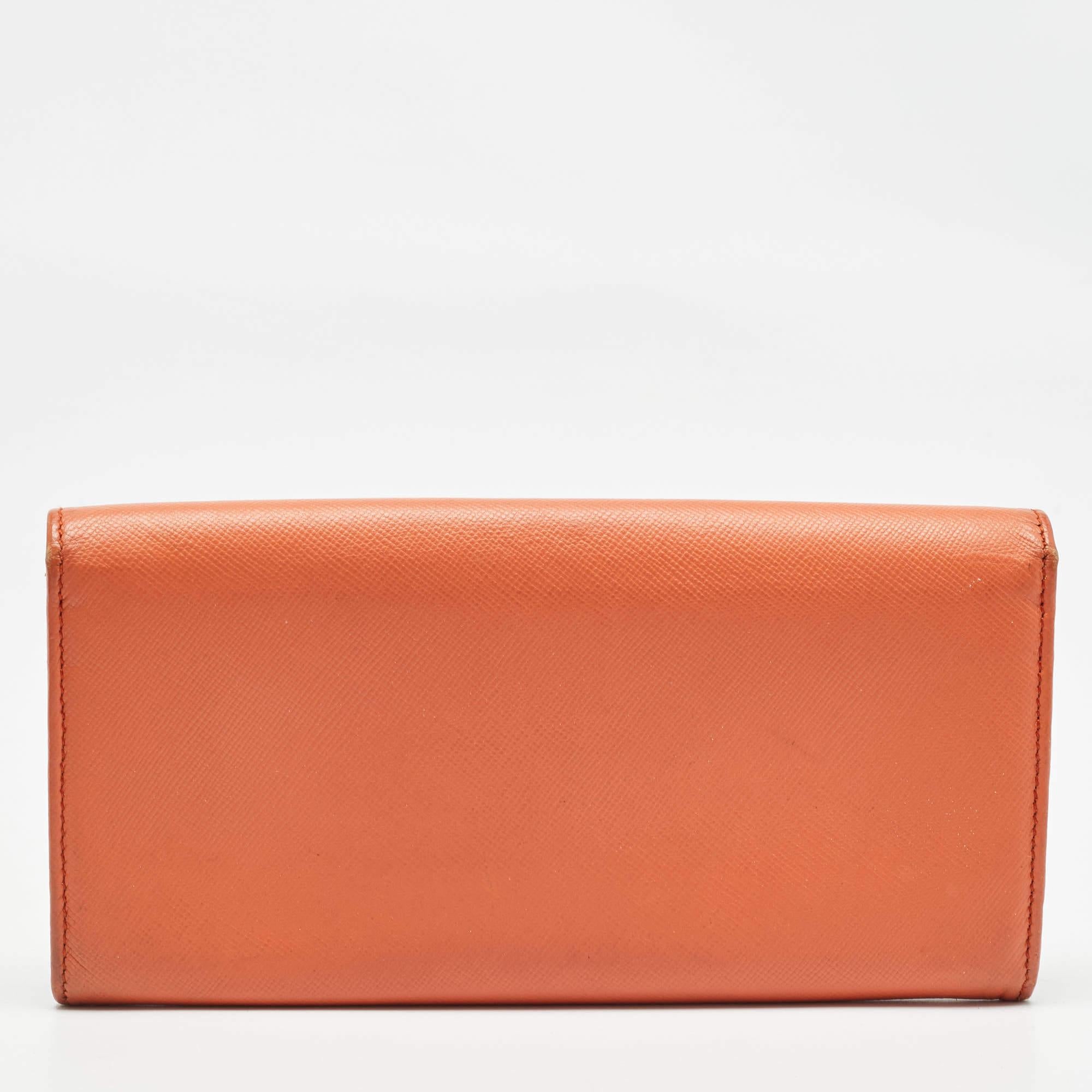 Prada Orange Leather Pushlock Flap Continental Wallet For Sale 3