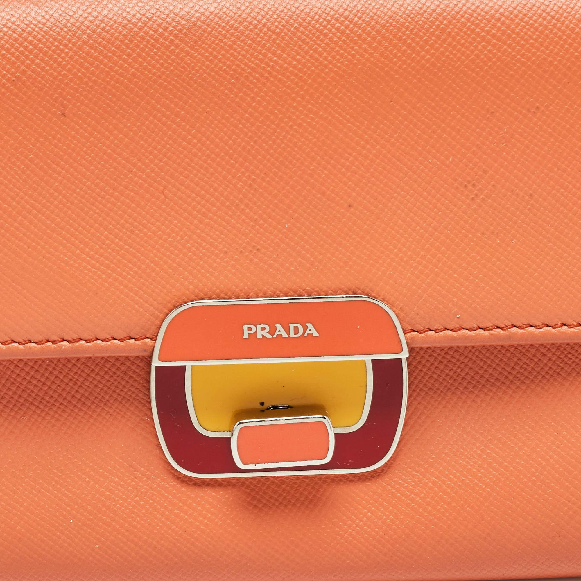 Prada Orange Leather Pushlock Flap Continental Wallet For Sale 4