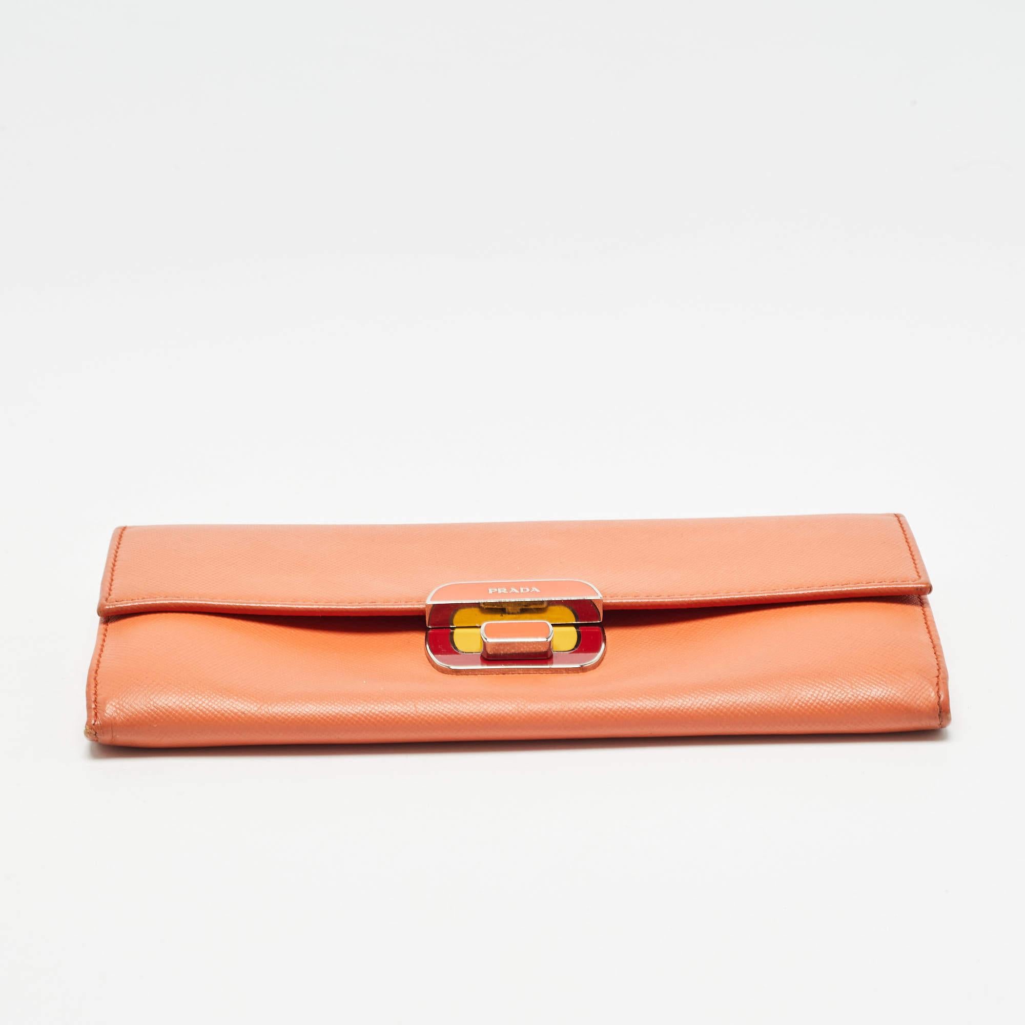 Prada Orange Leather Pushlock Flap Continental Wallet For Sale 5
