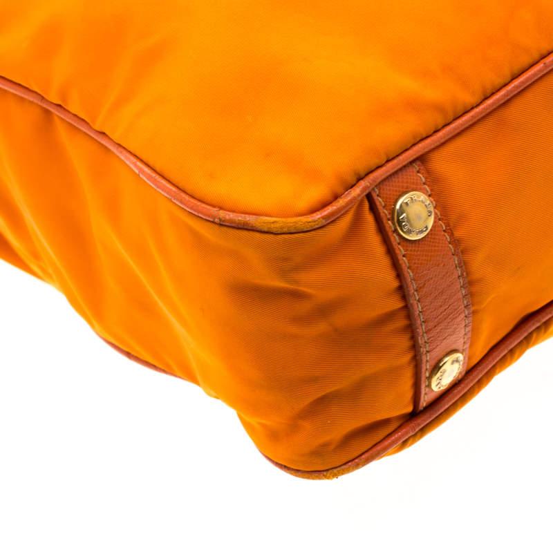 Prada Orange Nylon and Leather Lasercut Logo Tote For Sale 6