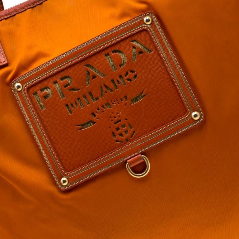 Prada Orange Nylon and Leather Lasercut Logo Tote For Sale at 1stDibs