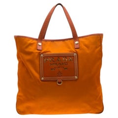 Prada Orange Nylon and Leather Lasercut Logo Tote