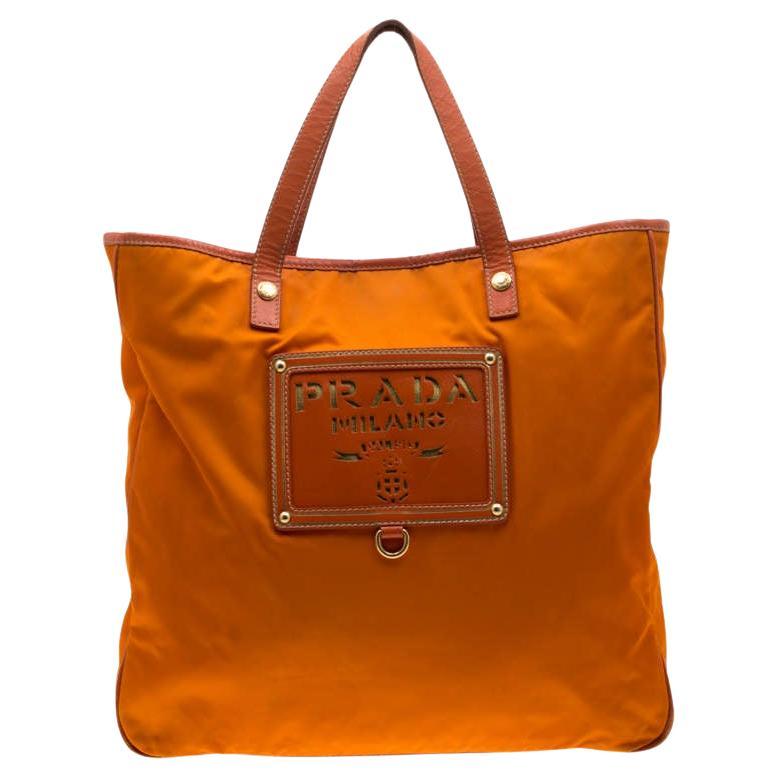 Prada Orange Nylon and Leather Lasercut Logo Tote For Sale