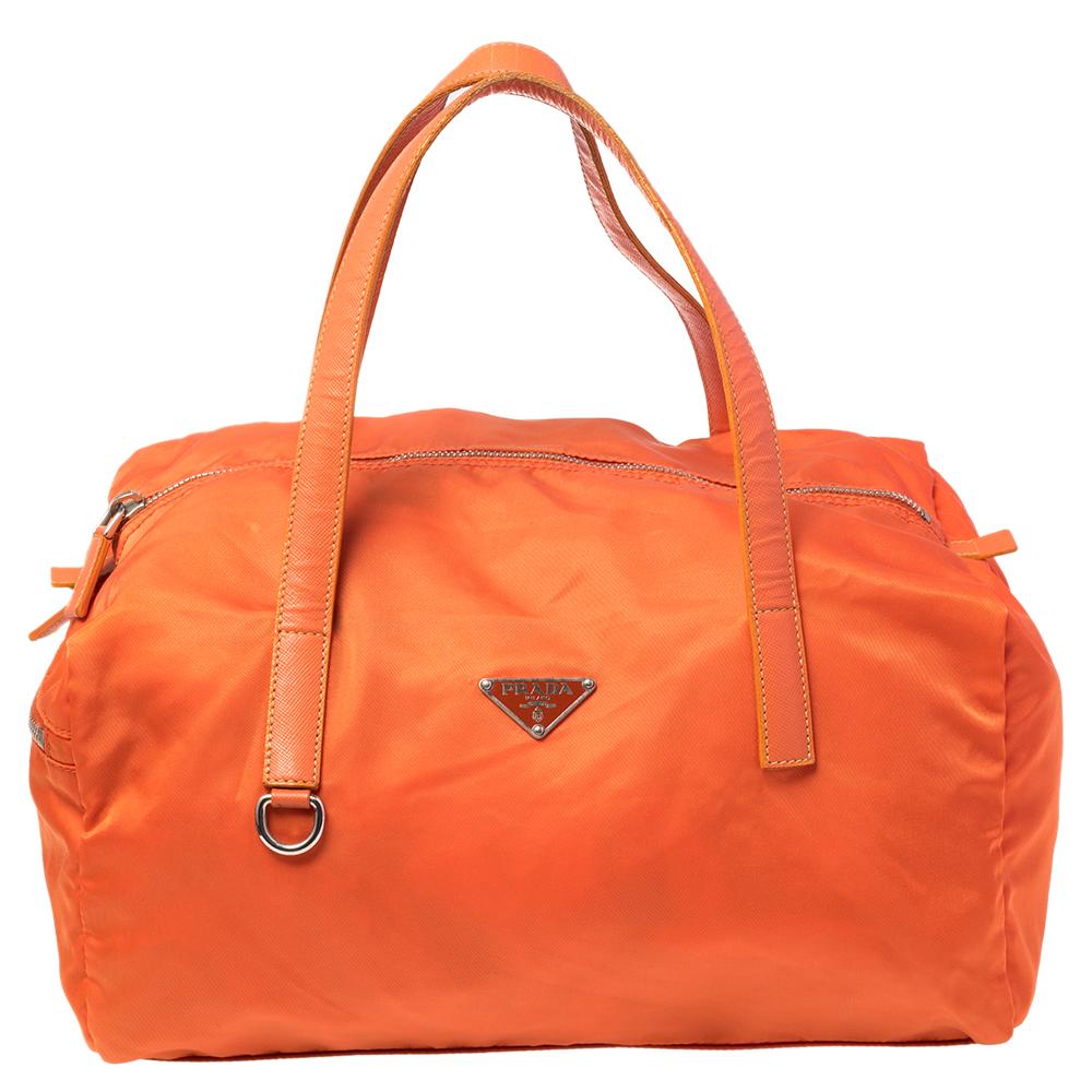 Prada Orange Nylon Boston Bag