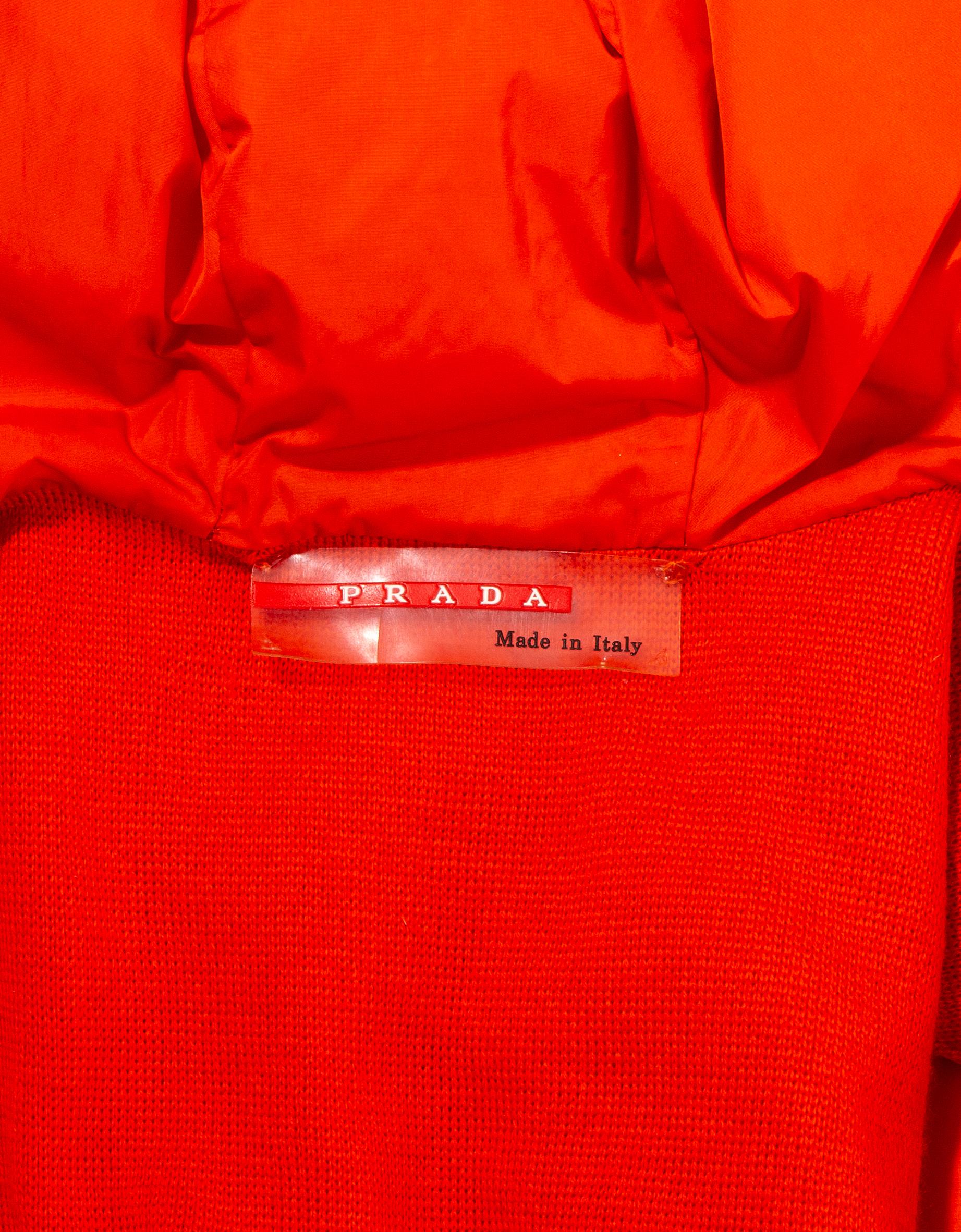 Women's Prada orange nylon hooded gillet and skirt set, c. 1999 For Sale