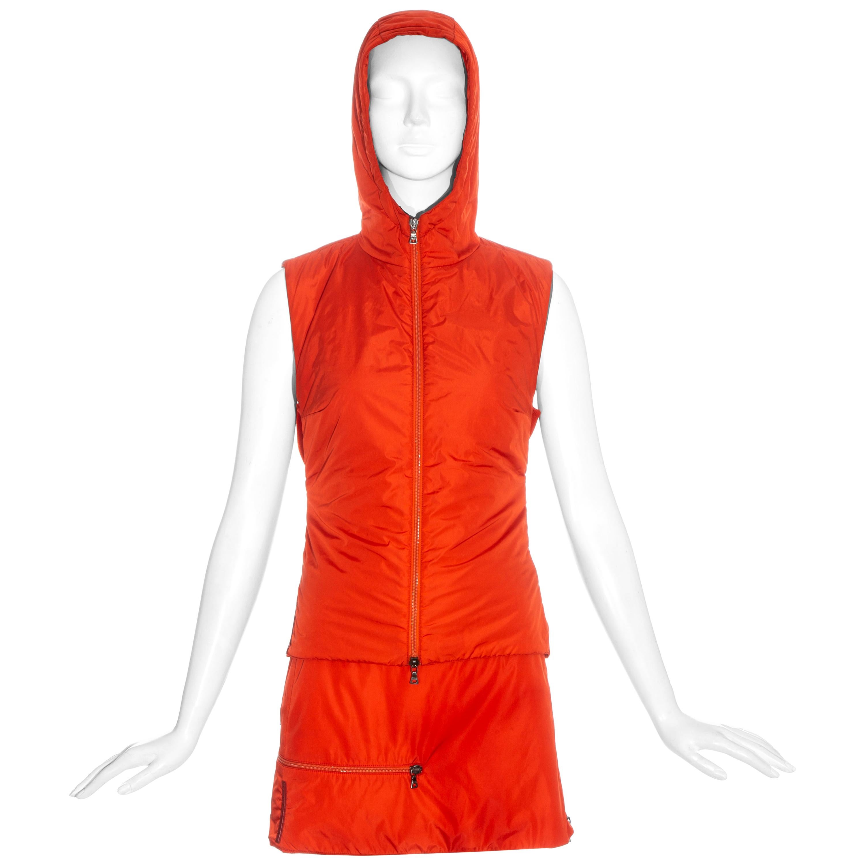 Prada orange nylon hooded gillet and skirt set, c. 1999