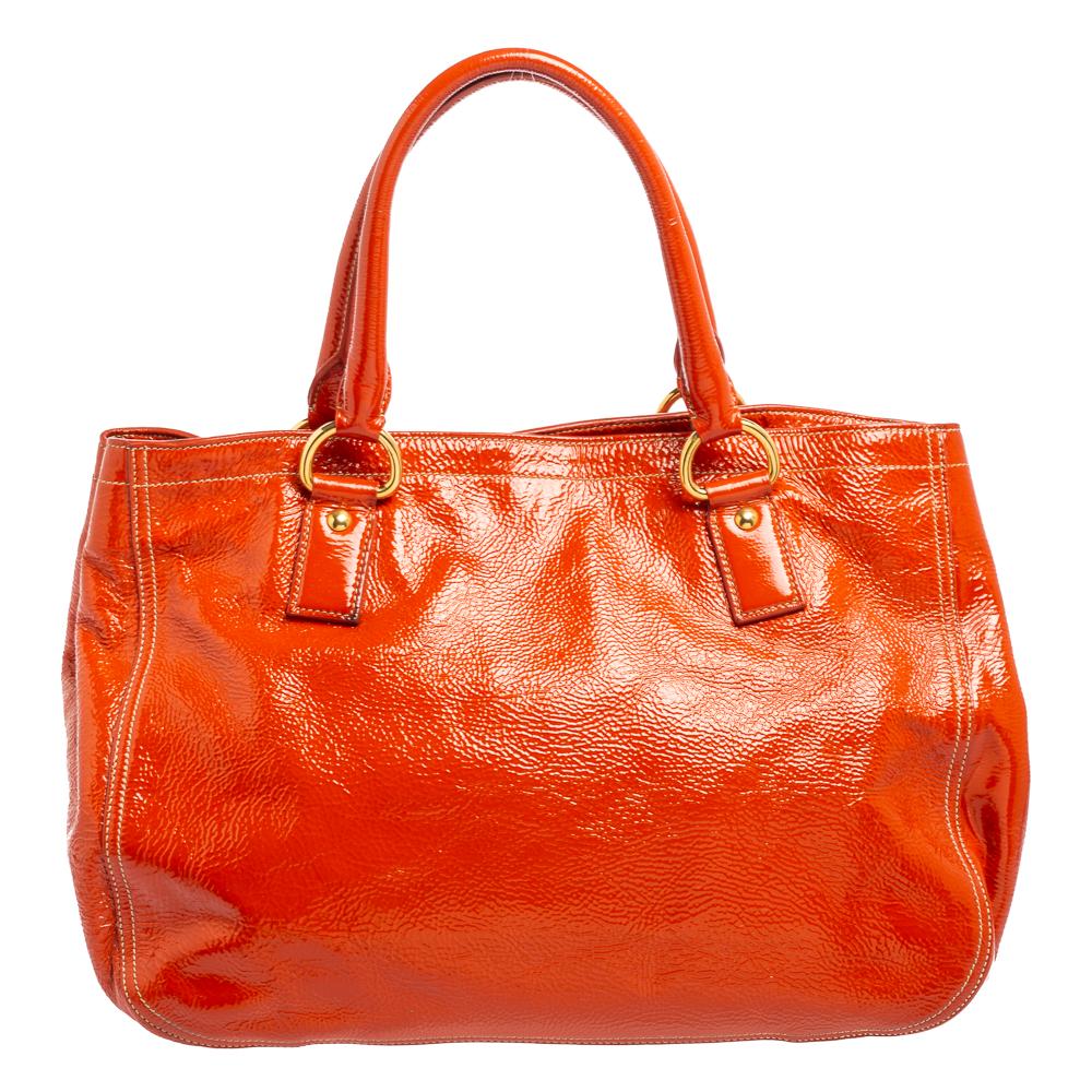 Prada Orange Patent Leather Large Shopping Tote 2