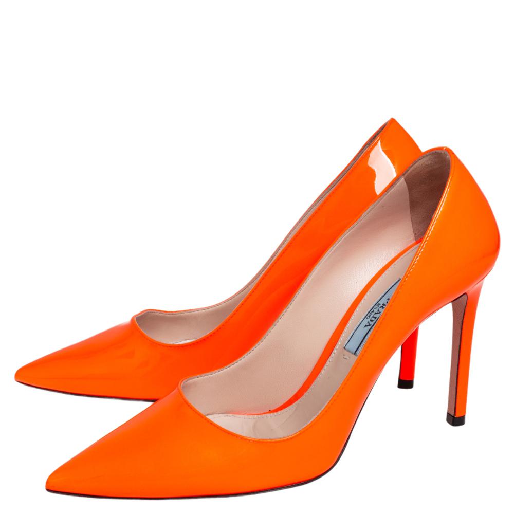 Women's Prada Orange Patent Leather Pointed Toe Pumps Size 36.5