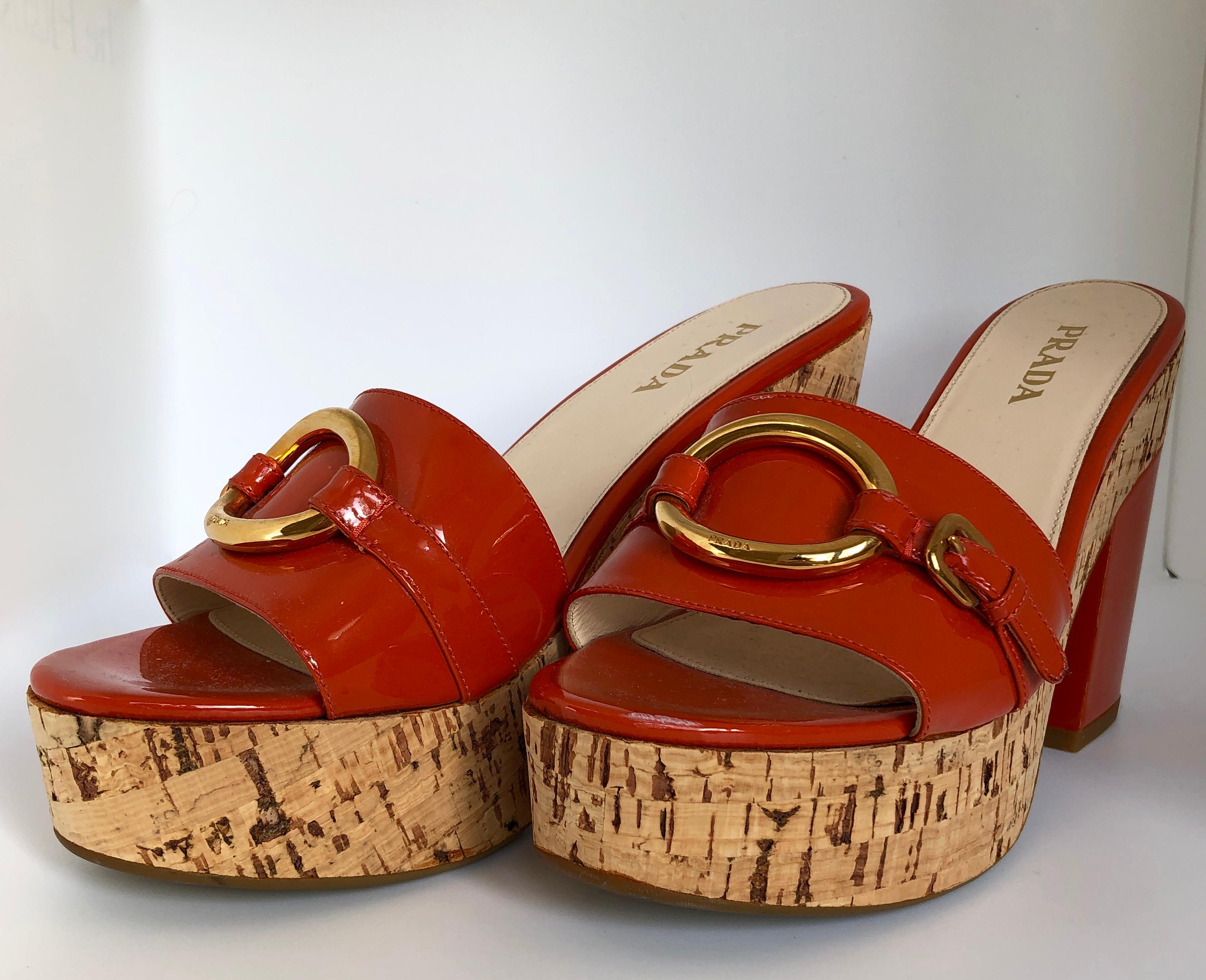 Prada Orange Patent Leather w/ Cork Platform Chunky Medium Heel Slide Sandal 4