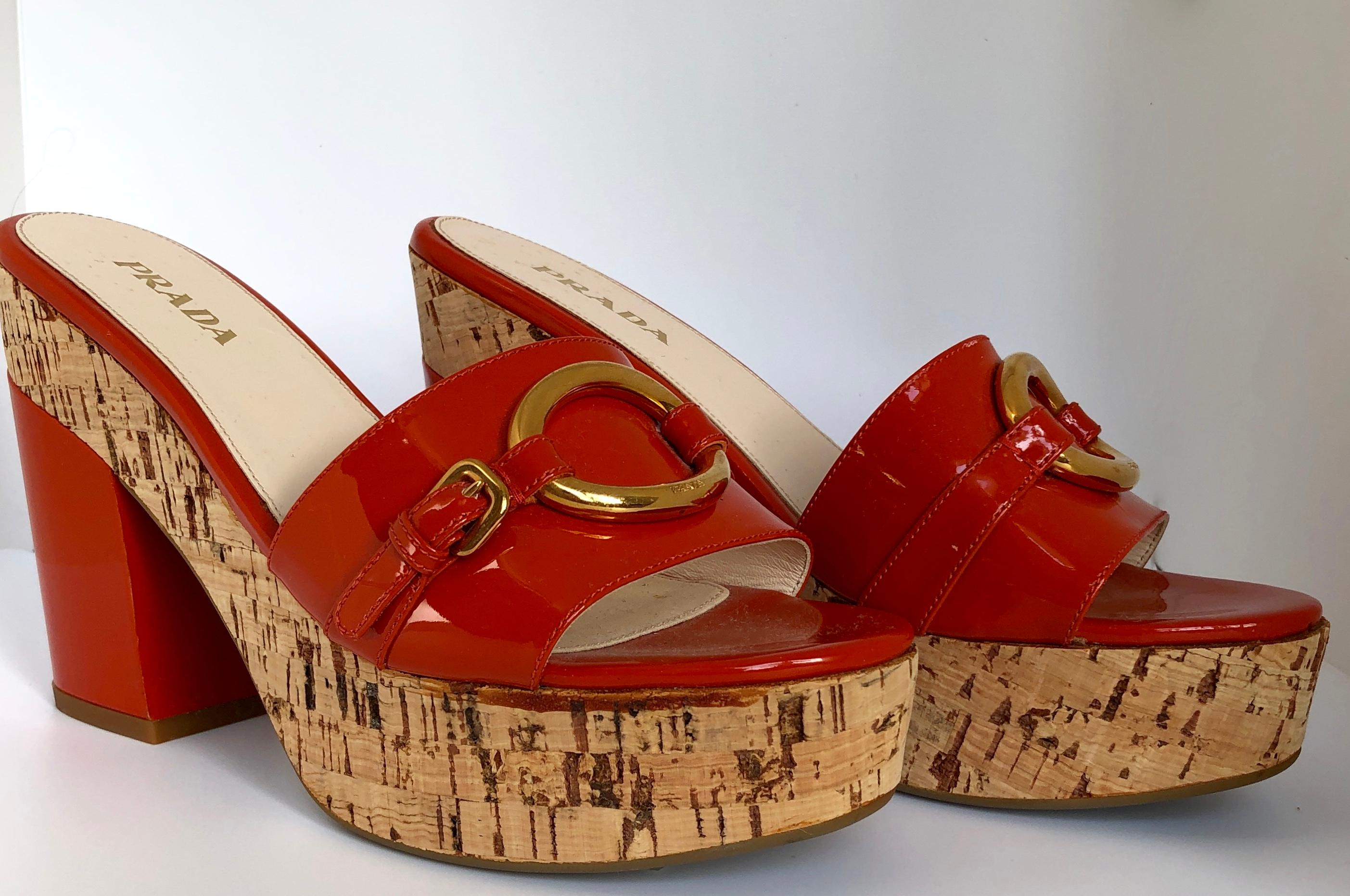 Prada Orange Patent Leather w/ Cork Platform Chunky Medium Heel Slide Sandal 5
