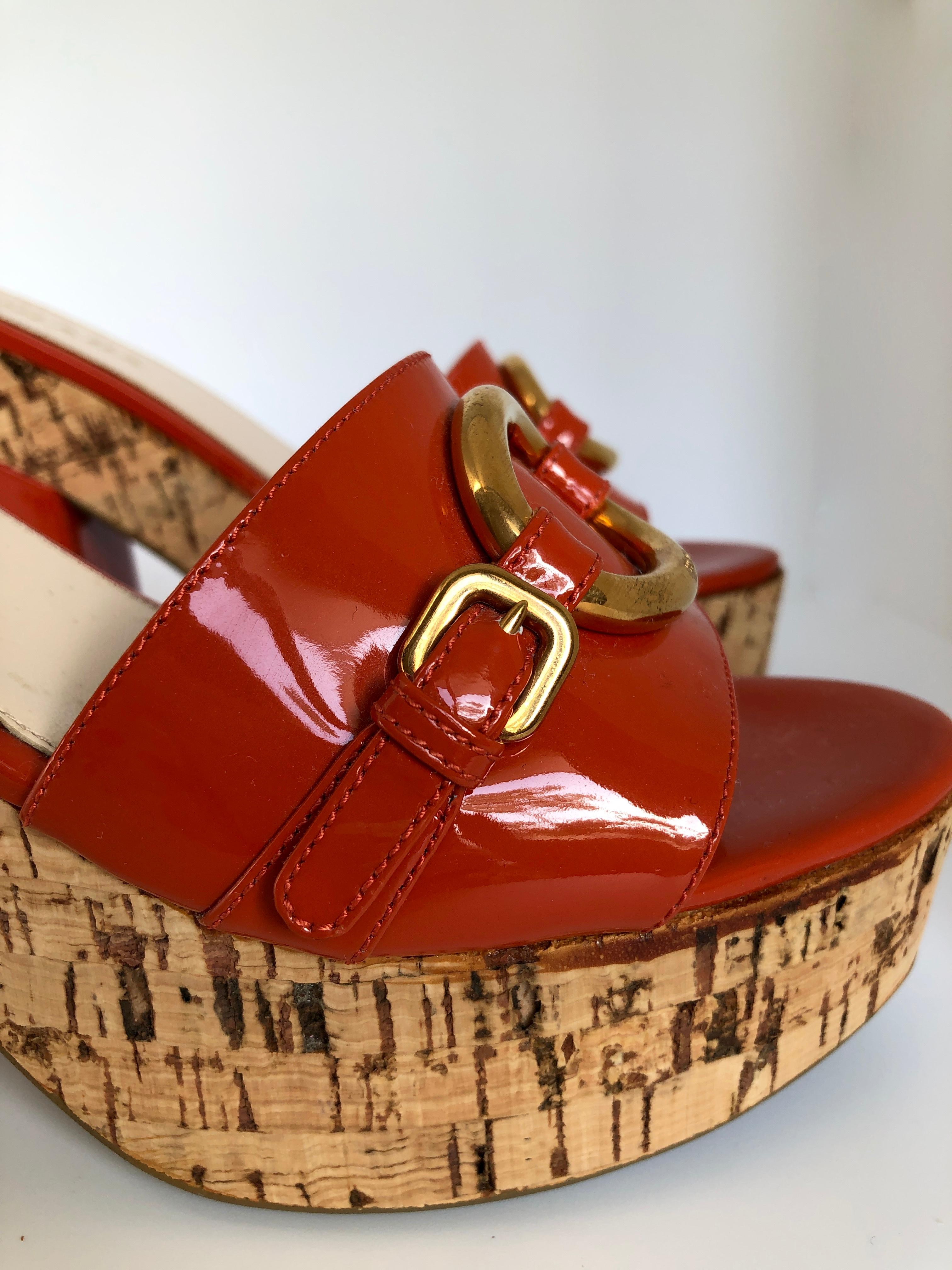 Prada Orange Patent Leather w/ Cork Platform Chunky Medium Heel Slide Sandal 6