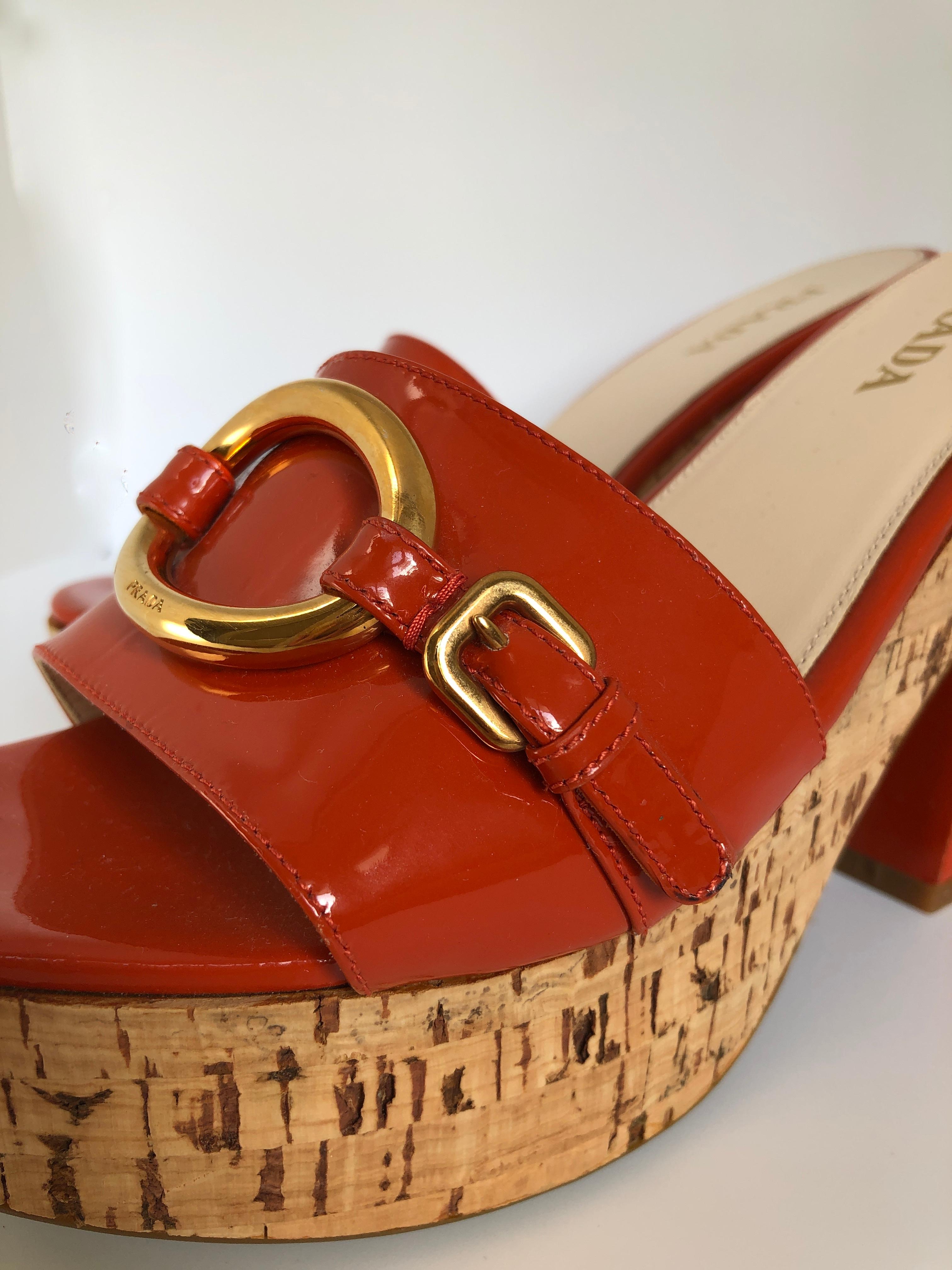 Prada Orange Patent Leather w/ Cork Platform Chunky Medium Heel Slide Sandal 7