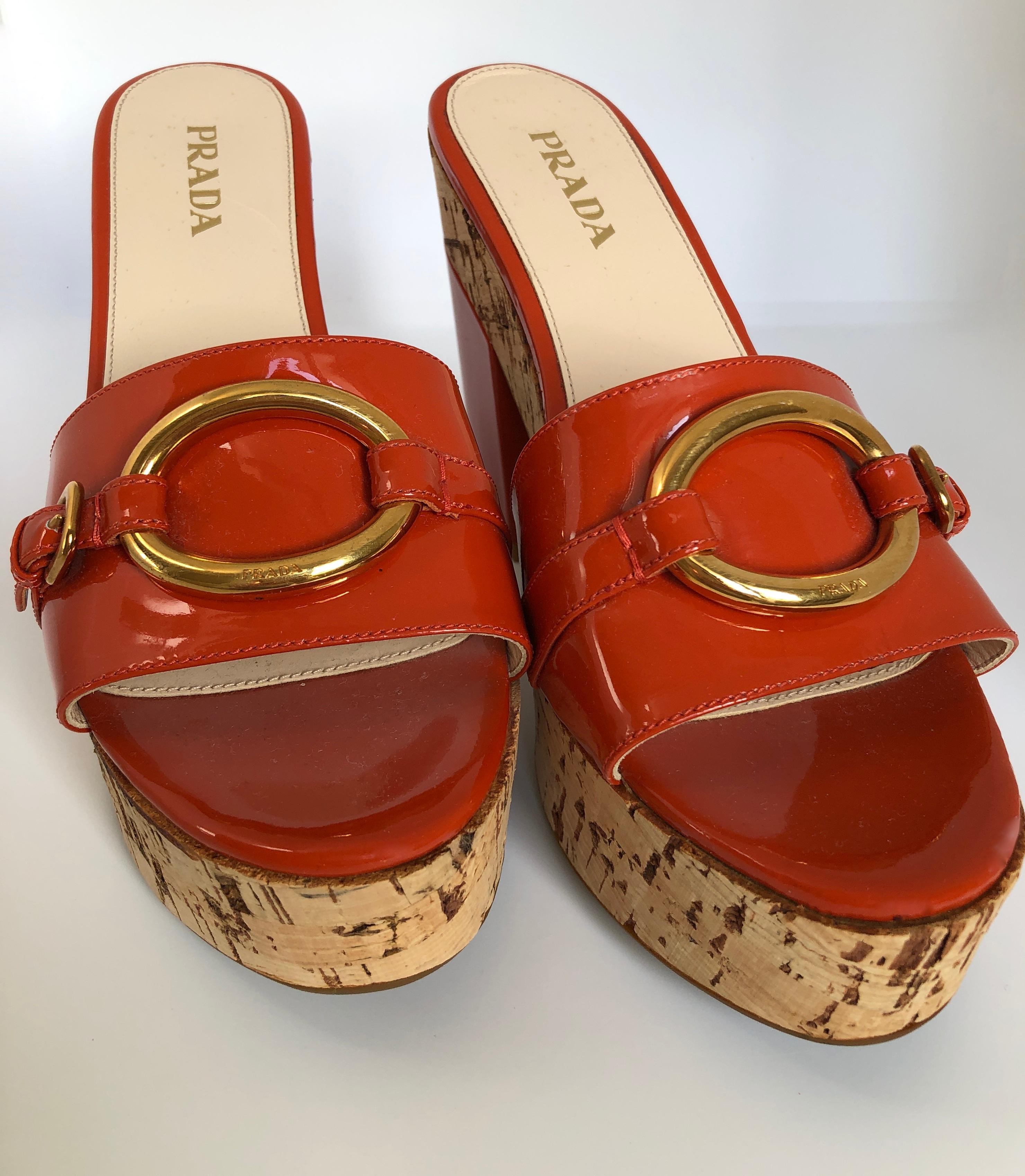 Prada Orange Patent Leather w/ Cork Platform Chunky Medium Heel Slide Sandal 8
