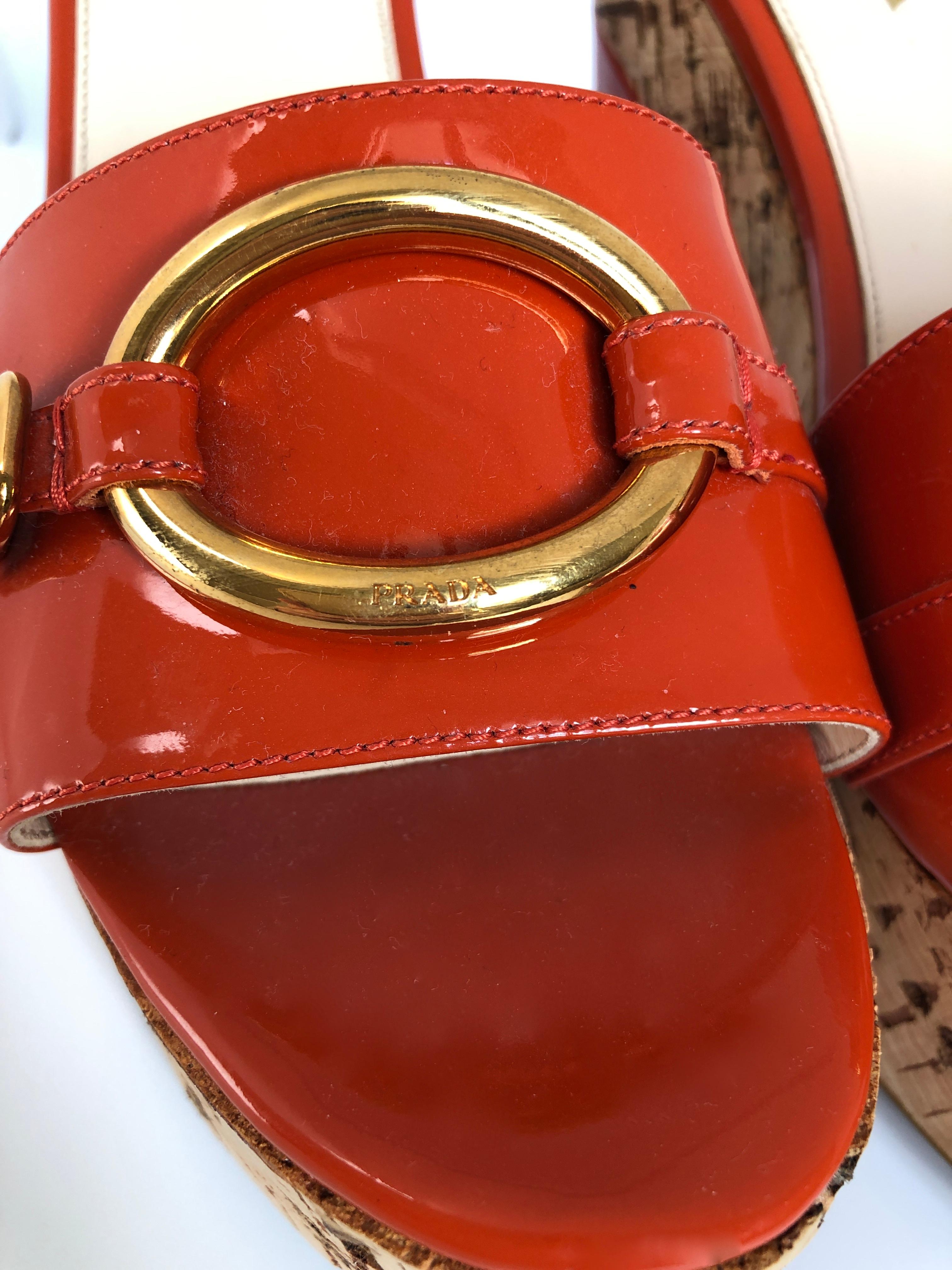 Prada Orange Patent Leather w/ Cork Platform Chunky Medium Heel Slide Sandal 9