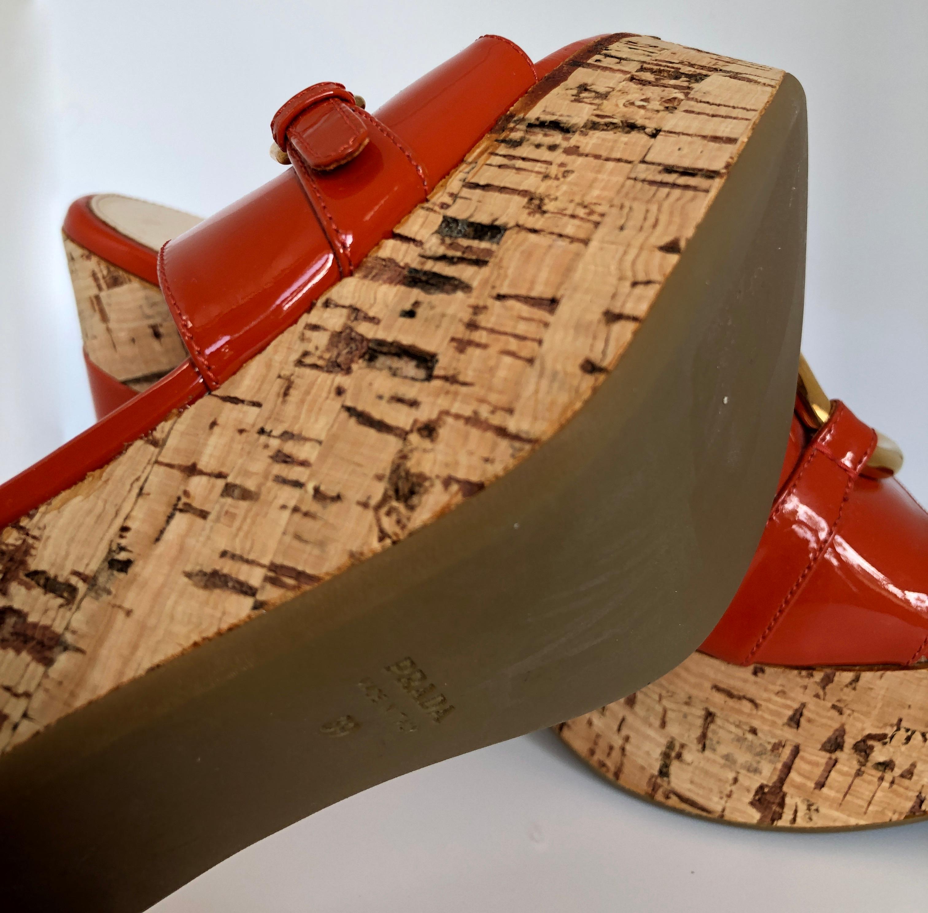 Prada Orange Patent Leather w/ Cork Platform Chunky Medium Heel Slide Sandal 10