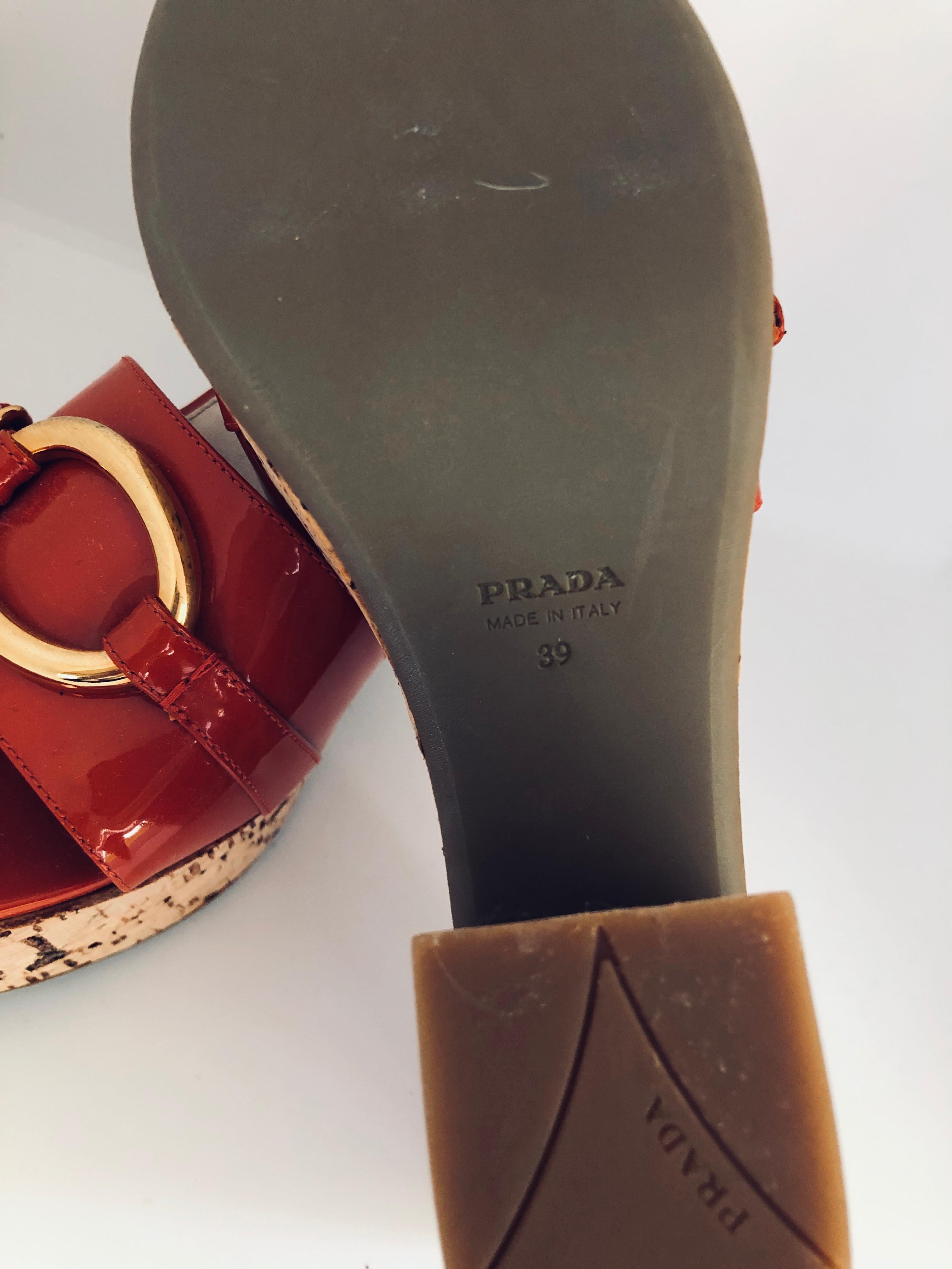 Prada Orange Patent Leather w/ Cork Platform Chunky Medium Heel Slide Sandal 11
