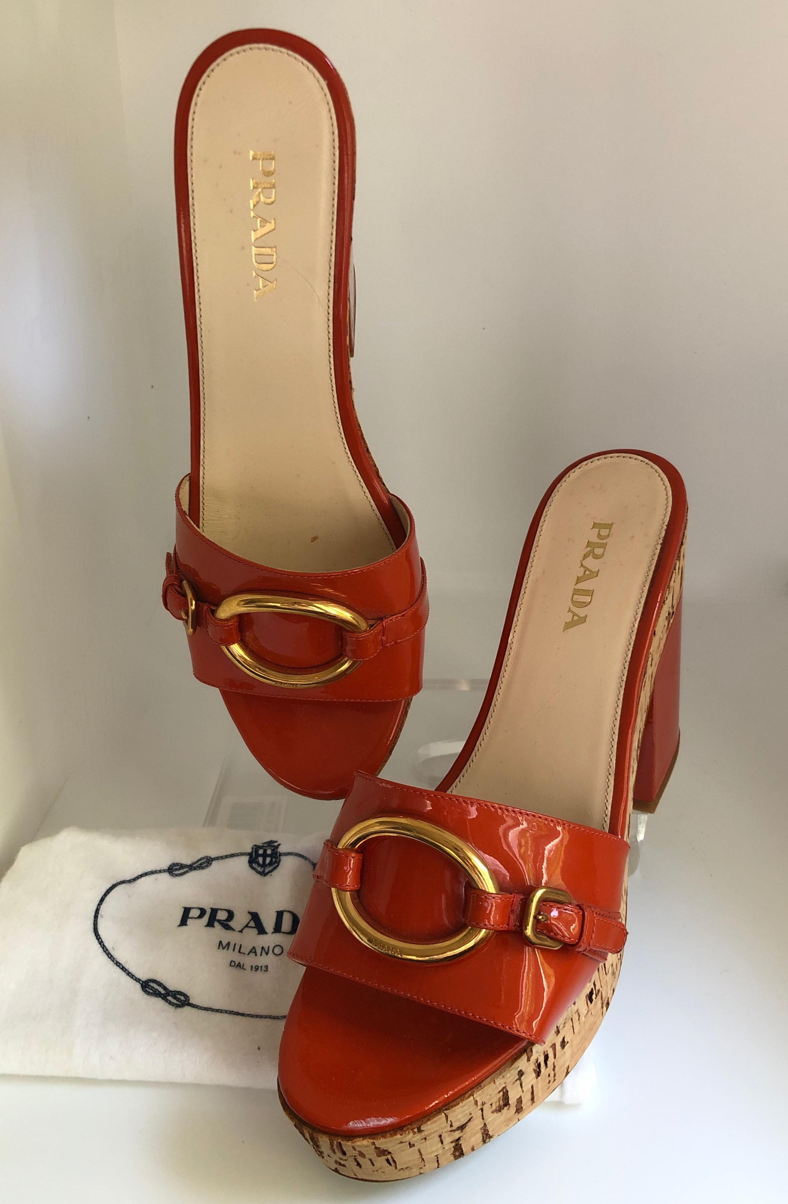 Prada Orange Patent Leather w/ Cork Platform Chunky Medium Heel Slide ...