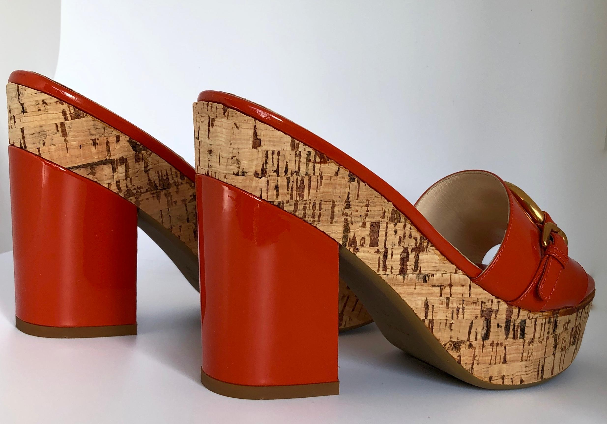 Women's Prada Orange Patent Leather w/ Cork Platform Chunky Medium Heel Slide Sandal
