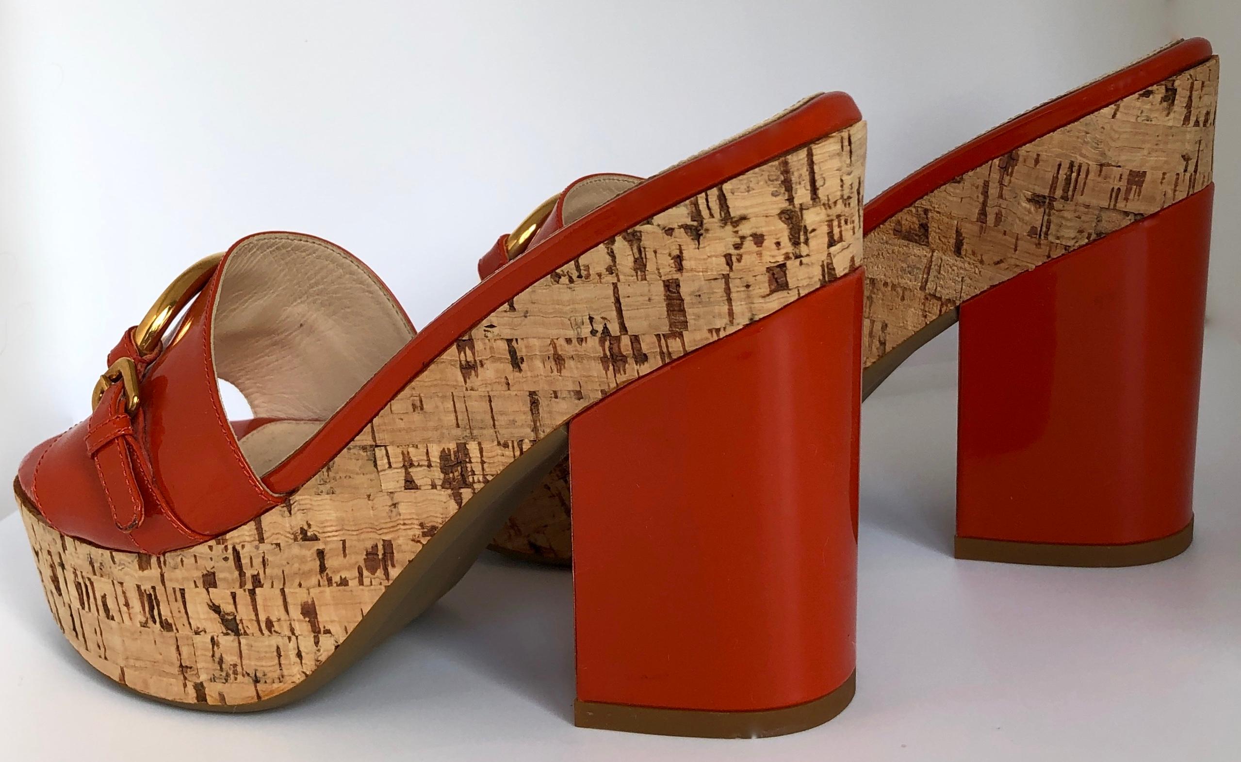 Prada Orange Patent Leather w/ Cork Platform Chunky Medium Heel Slide Sandal 1