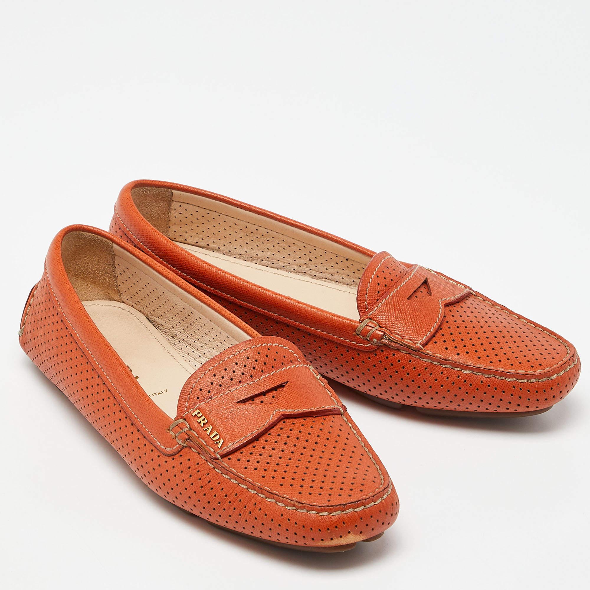 Women's Prada Orange Perforated Leather Penny Loafers Size 36