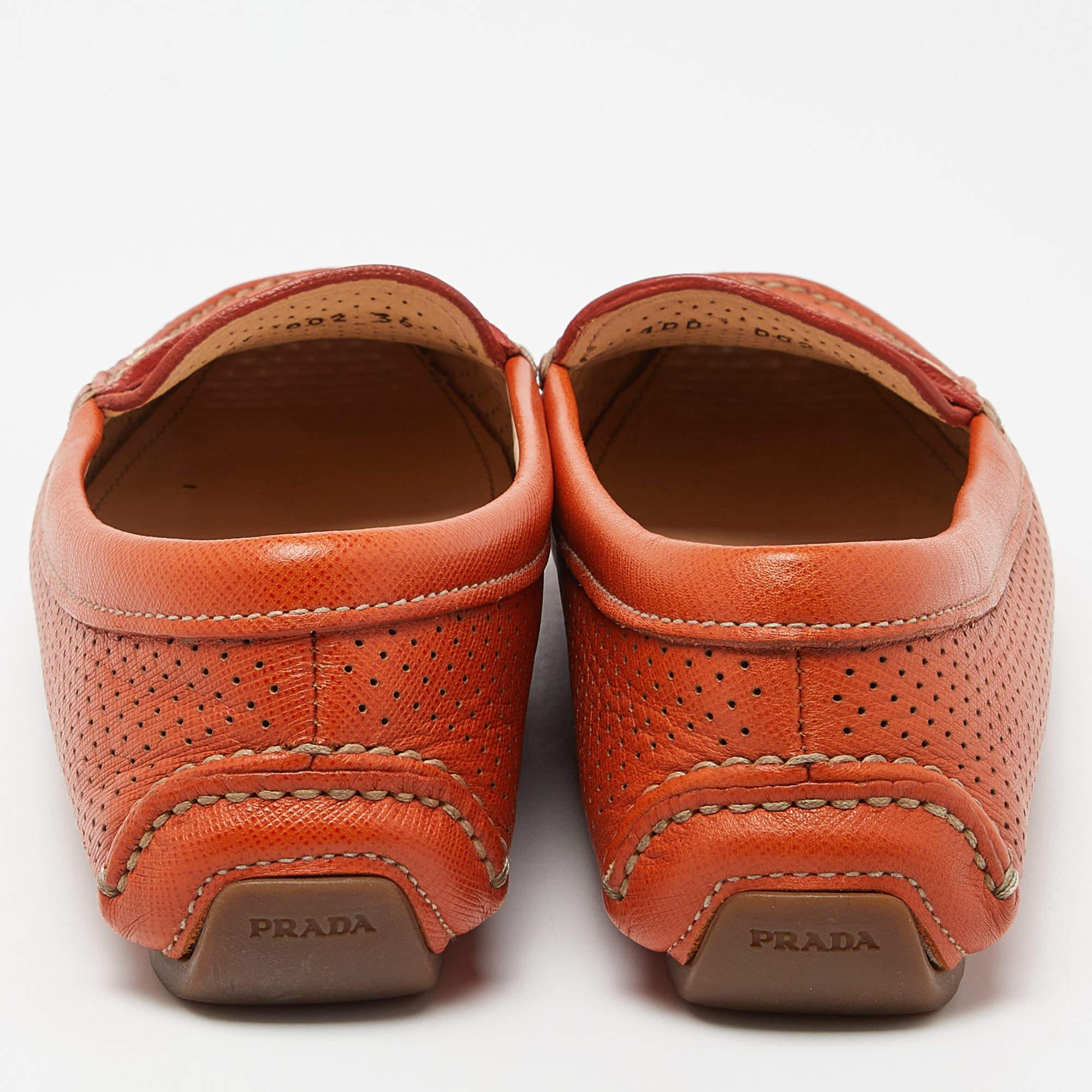Prada Orange Perforated Leather Penny Loafers Size 36 1