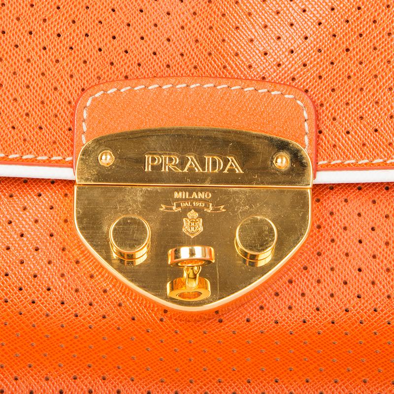 Women's PRADA orange PERFORATED Saffiano leather Baguette Shoulder Bag