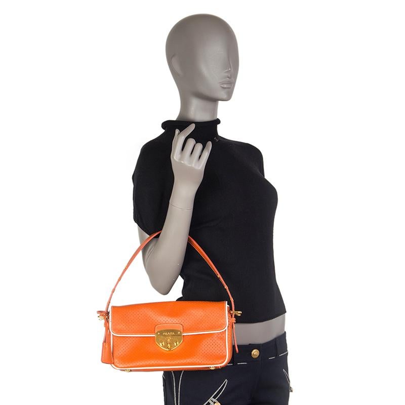 PRADA orange PERFORATED Saffiano leather Baguette Shoulder Bag 2