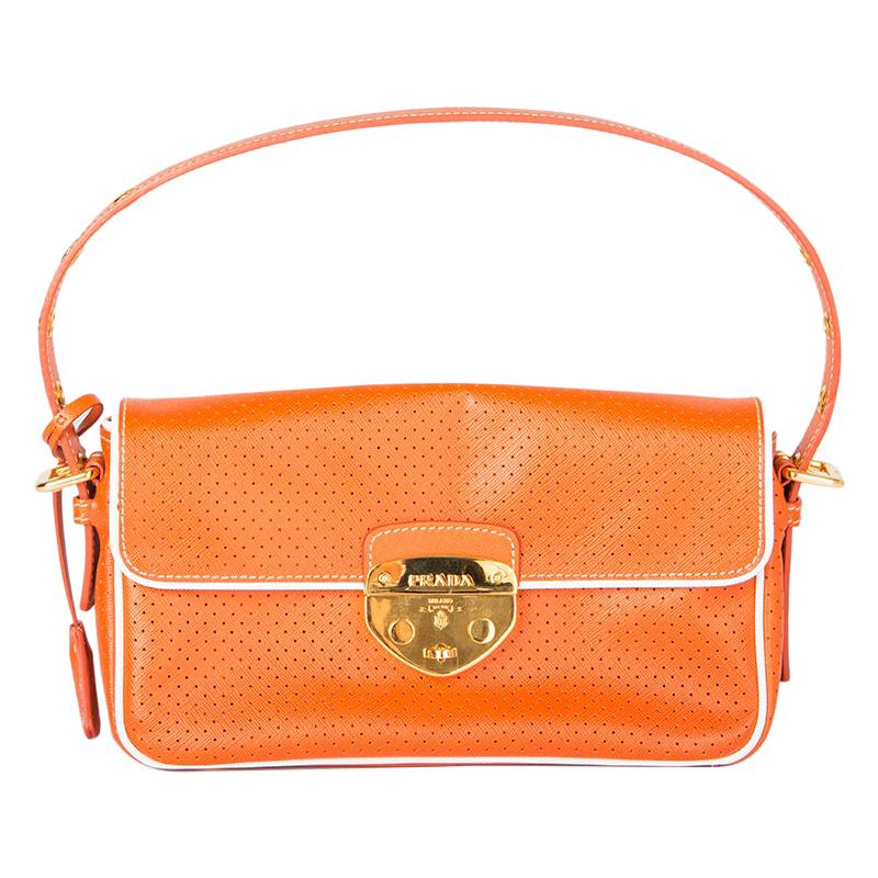 PRADA orange PERFORATED Saffiano leather Baguette Shoulder Bag