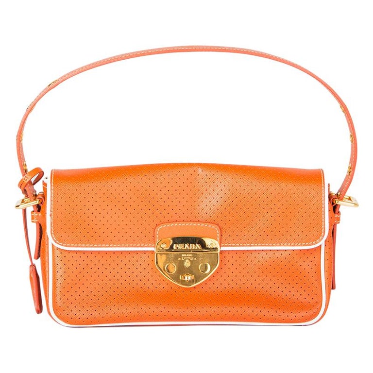 PRADA orange PERFORATED Saffiano leather Baguette Shoulder Bag For Sale at 1stdibs