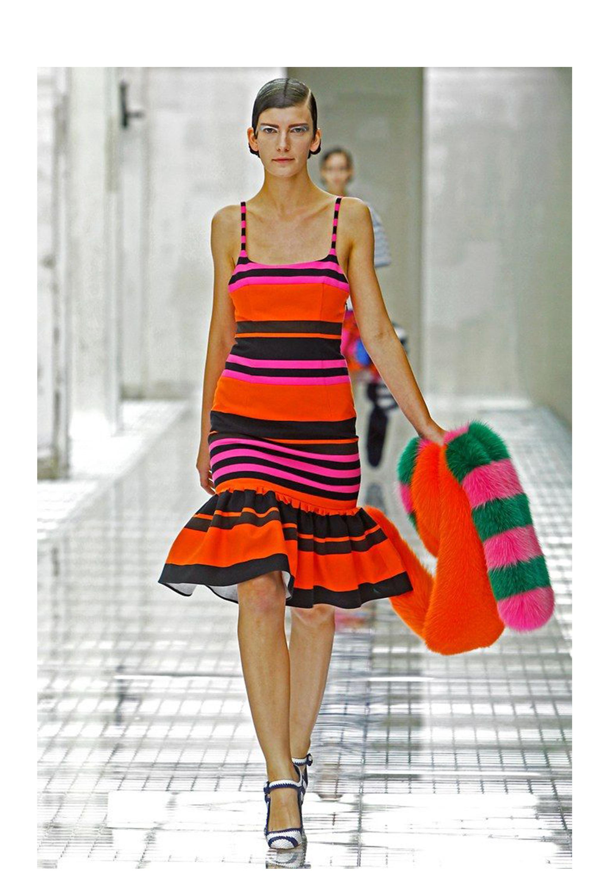 Prada Orange, Pink, & Black Fancy Stripe Party Dress 2011 In Excellent Condition In Los Angeles, CA