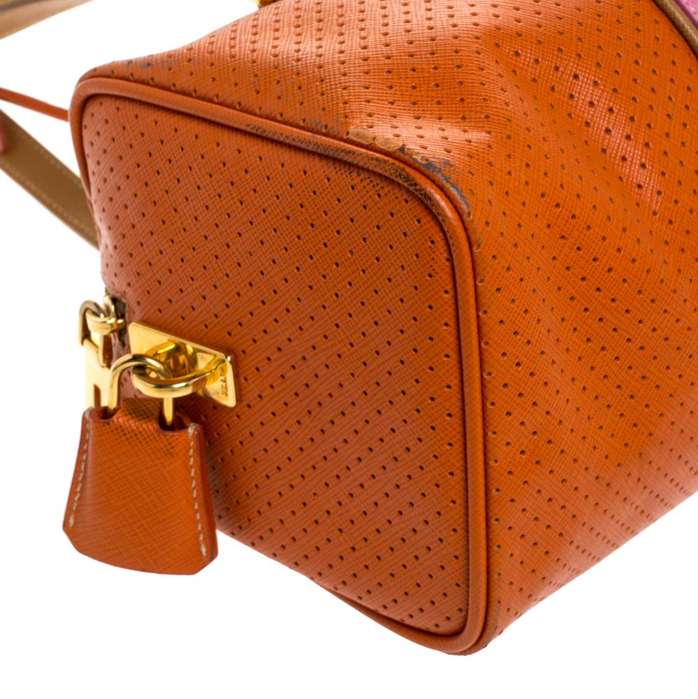 Prada Orange/Pink Perforated Leather Small Fori Striped Boston Bag 2