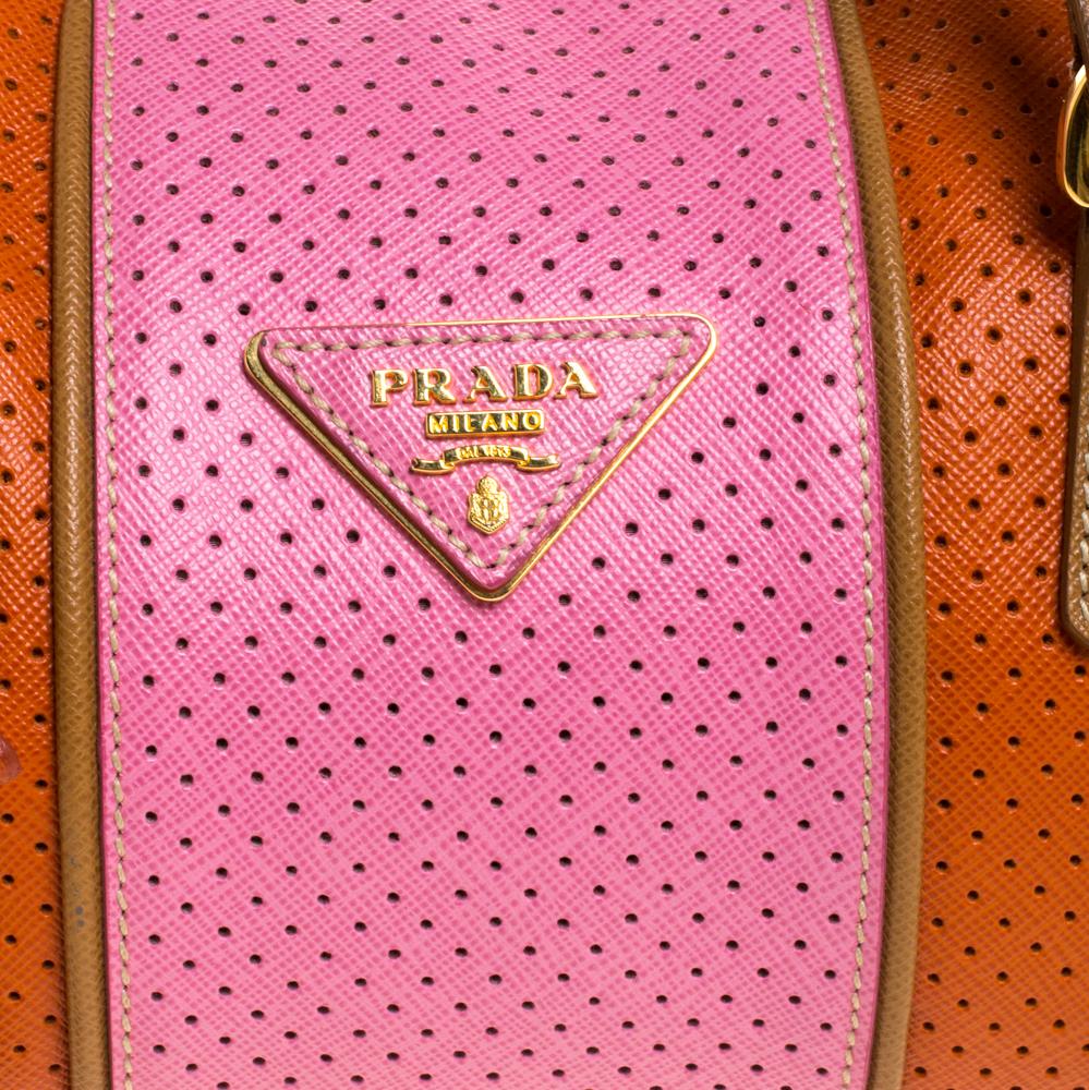 Brown Prada Orange/Pink Perforated Leather Small Fori Striped Boston Bag