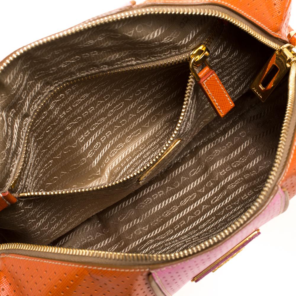 Prada Orange/Pink Perforated Leather Small Fori Striped Boston Bag In Good Condition In Dubai, Al Qouz 2