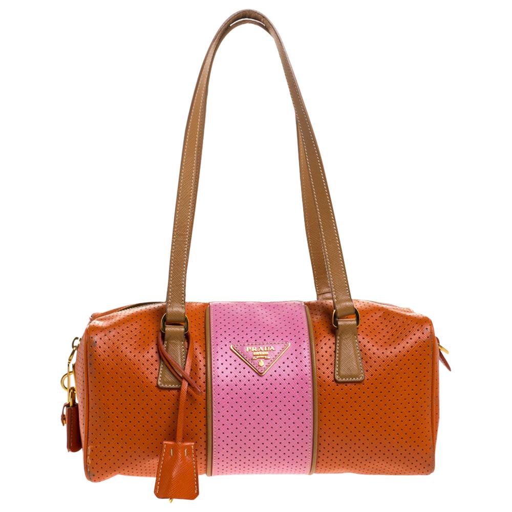 Prada Orange/Pink Perforated Leather Small Fori Striped Boston Bag