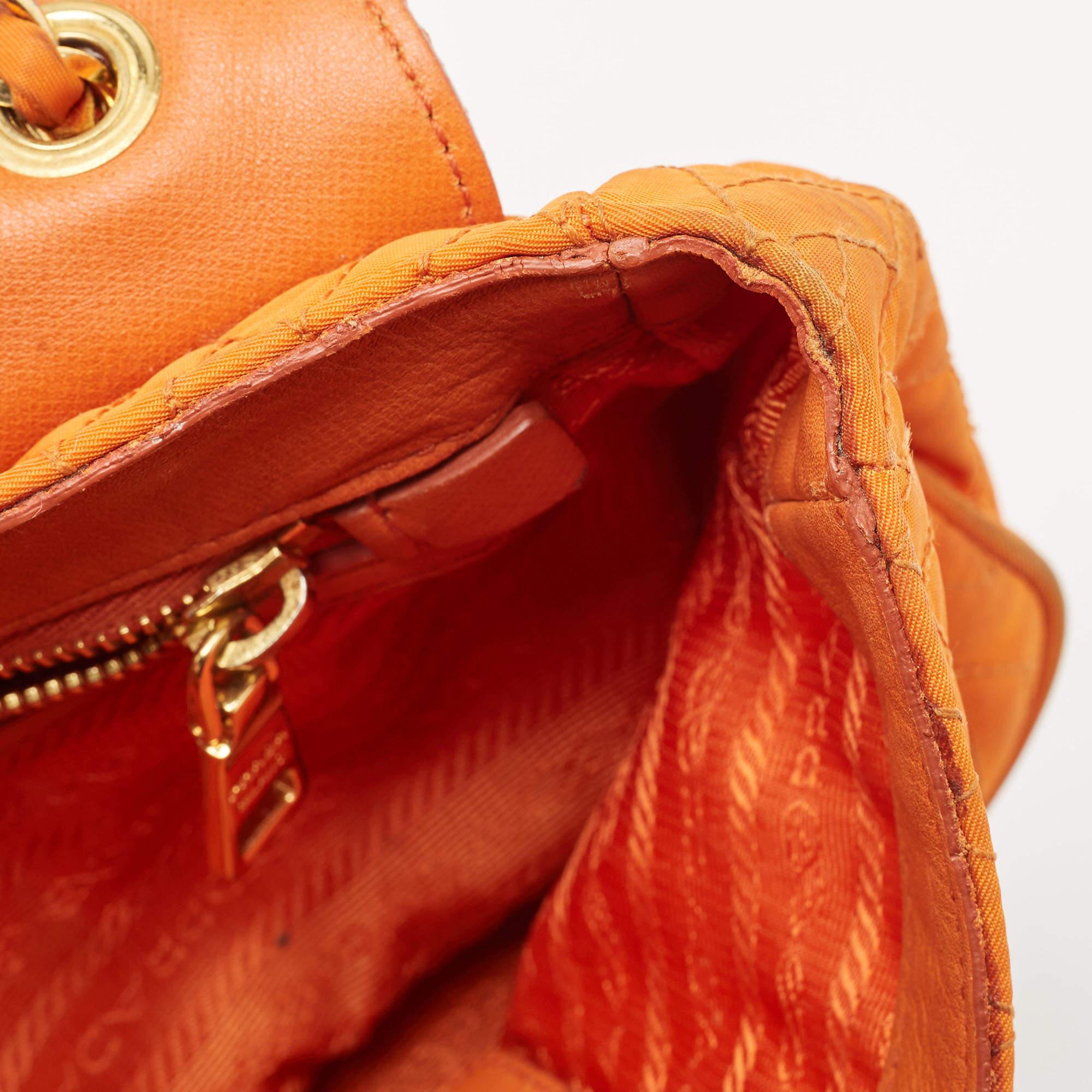 Prada Orange Quilted Nylon Pushlock Flap Chain Shoulder Bag 9