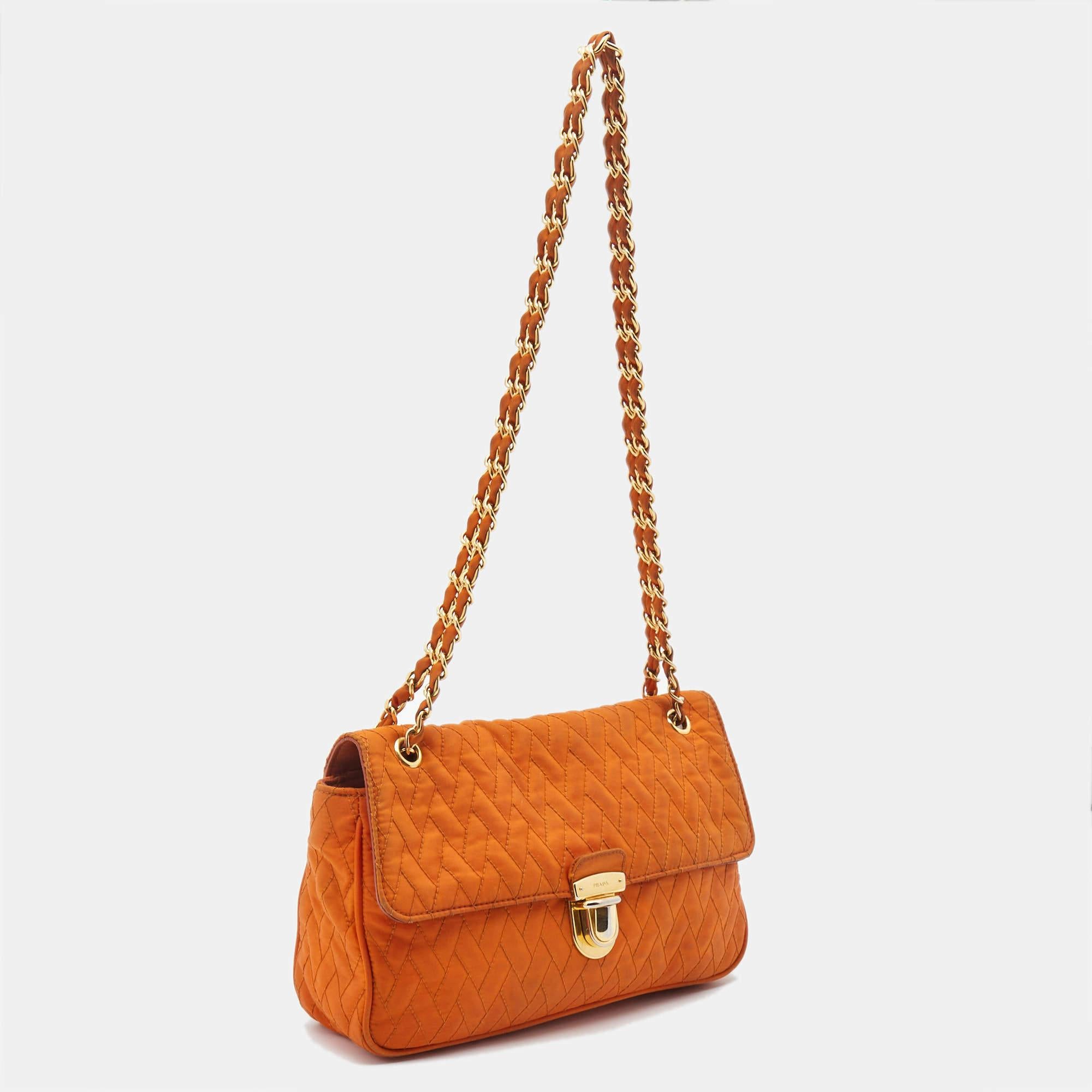 Women's Prada Orange Quilted Nylon Pushlock Flap Chain Shoulder Bag