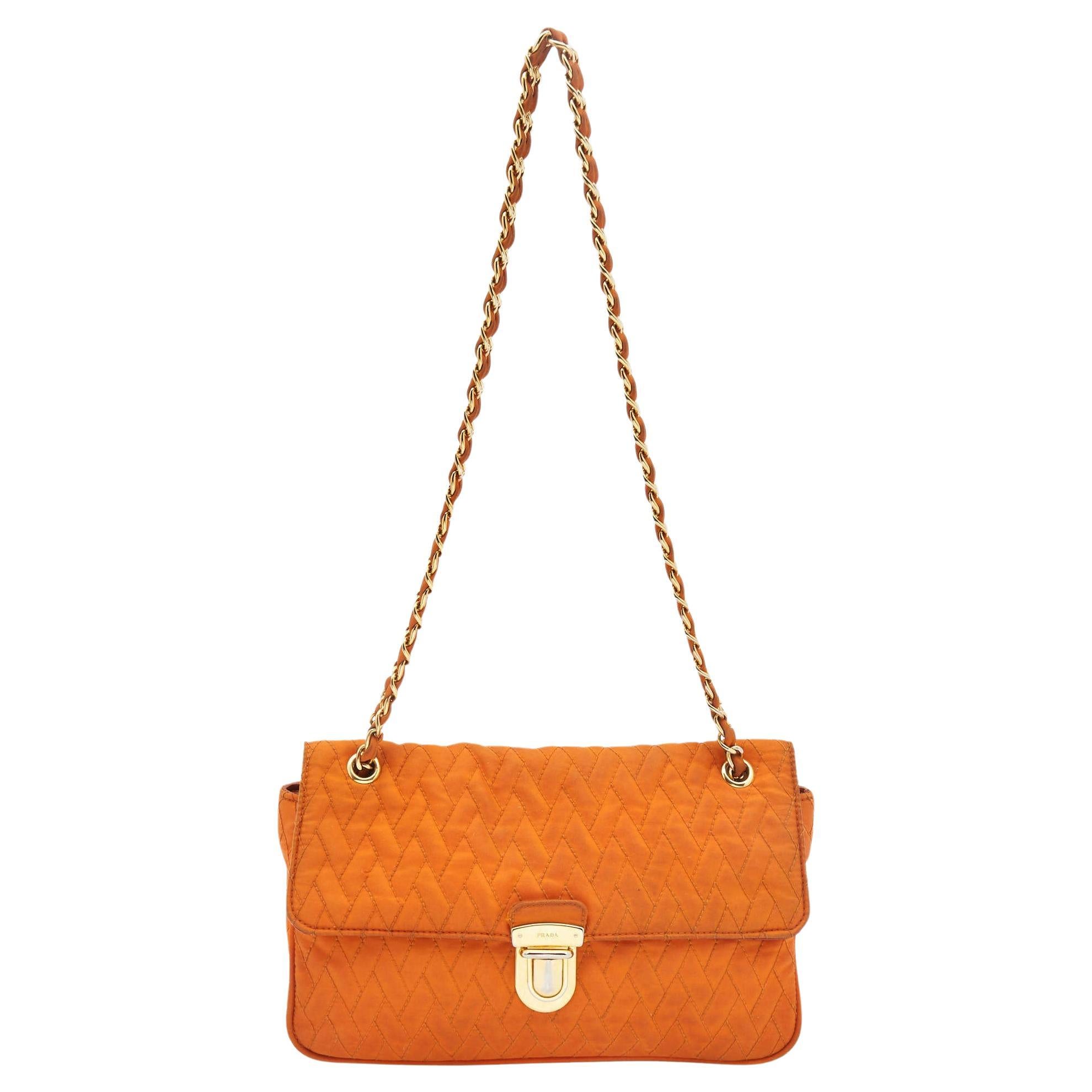 Prada Orange Quilted Nylon Pushlock Flap Chain Shoulder Bag