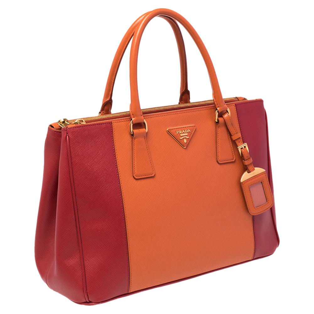 Women's Prada Orange/Red Saffiano Lux Leather Medium Galleria Double Zip Tote